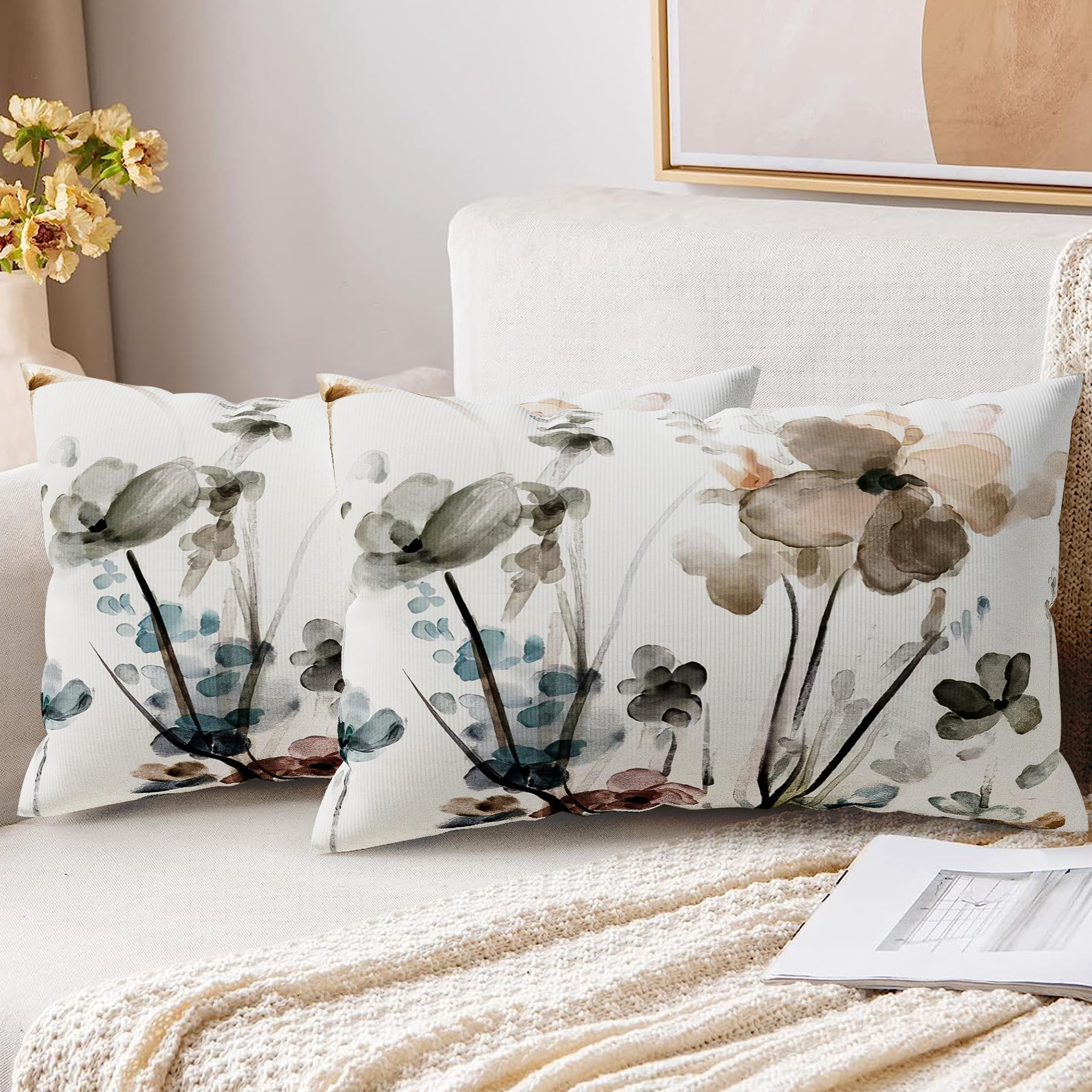 XPHZZL Cushion Cover 2 Pack 30 x 50 cm - Ink Flower Wild Flower Plant Pillow Covers for Sofa Bed Garden Outdoor Spring Decor Flower Plant with Invisible Zipper 12 x 20 Inch