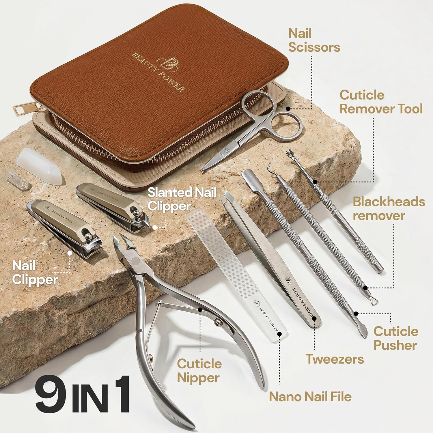 9 in 1 Professional Manicure Pedicure Set - Stainless Steel Nail Clippers, Nano File, Cuticle Nipper, Scissors, Tweezers, Travel PU Leather Case for Men & Women - Gift Idea - Brown - Image 2