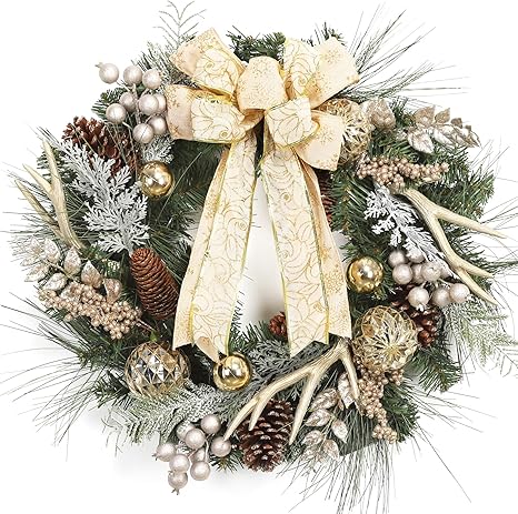 GAOMON 24" Christmas Wreath, Outdoor Christmas Wreath for Front Door, Battery Operated Xmas Wreath with Gold Ball Ornaments Pine Cones Antlers 20 LED Lights for Home Holiday Decor