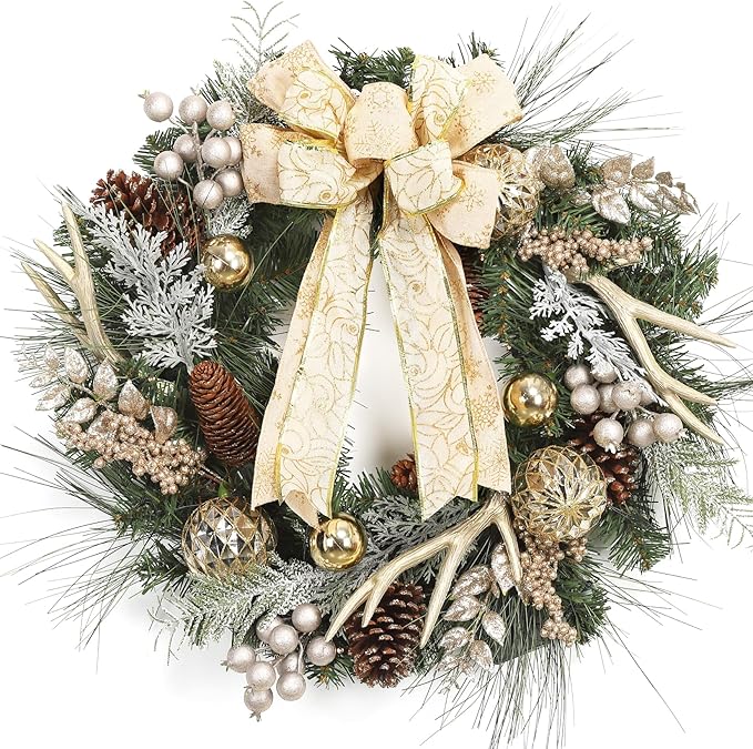 GAOMON 24" Christmas Wreath, Outdoor Christmas Wreath for Front Door, Battery Operated Xmas Wreath with Gold Ball Ornaments Pine Cones Antlers 20 LED Lights for Home Holiday Decor