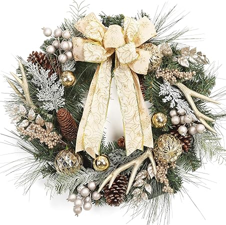 GAOMON 24" Christmas Wreath, Outdoor Christmas Wreath for Front Door, Battery Operated Xmas Wreath with Gold Ball Ornaments Pine Cones Antlers 20 LED Lights for Home Holiday Decor