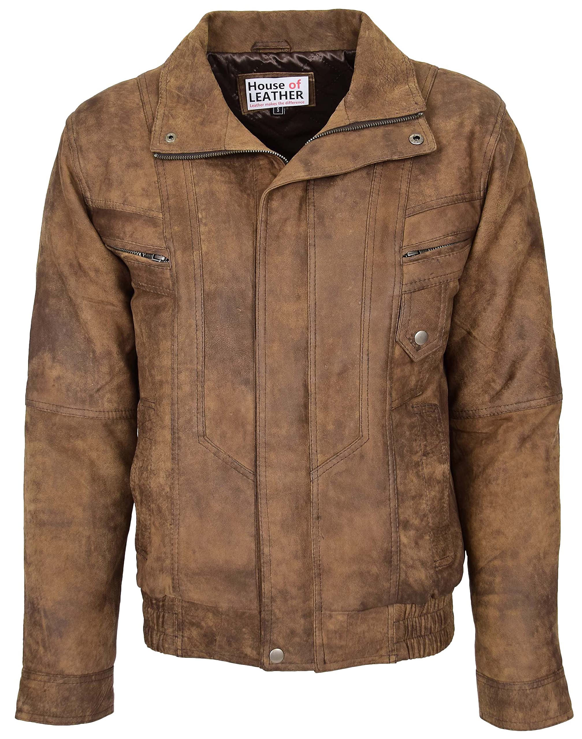 House Of Leather Men's Brown Real Leather Bomber Jacket Classic Blouson Style Robert (L)