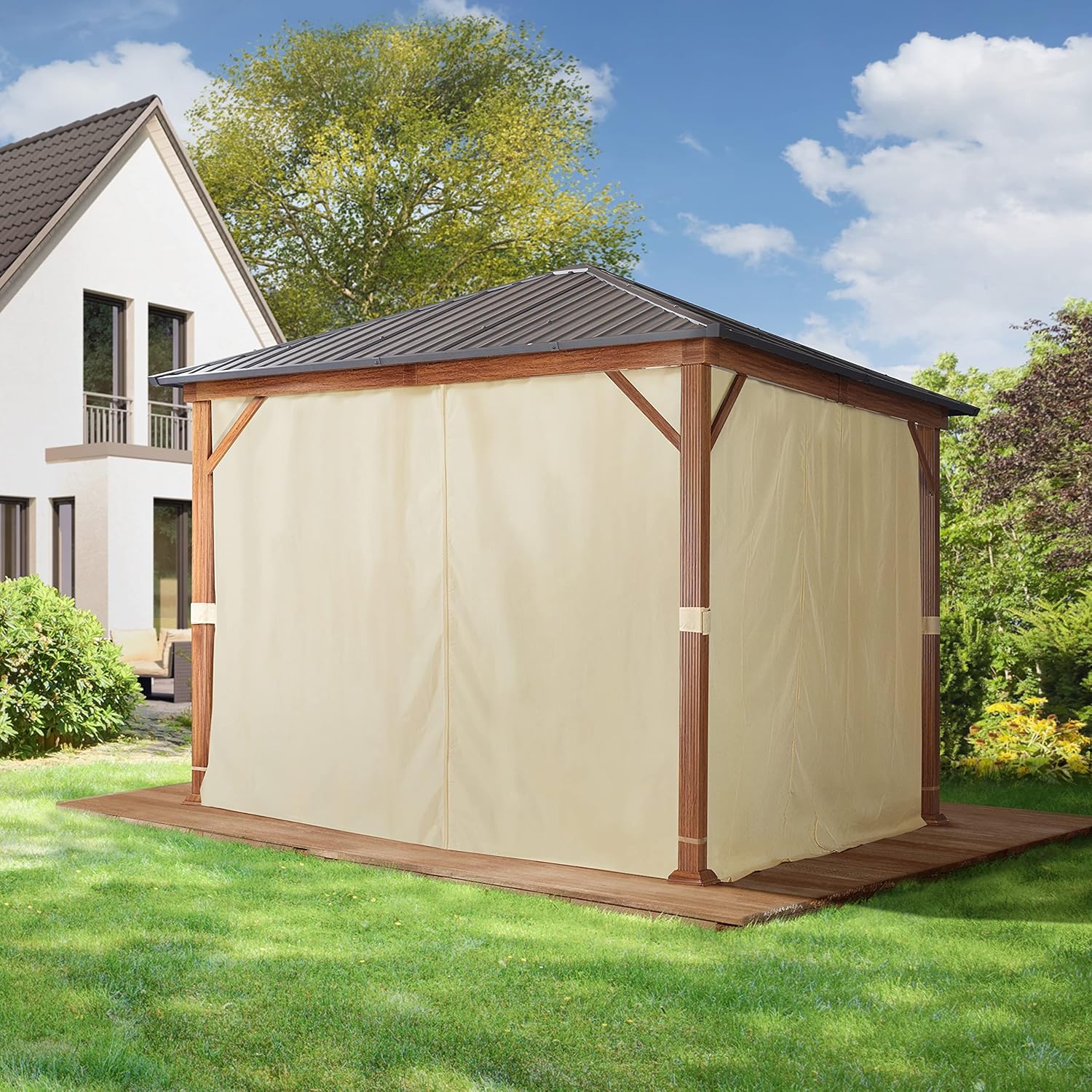 TOOLPORT Forest Gazebo with all cream sidewalls closed, providing full enclosure.