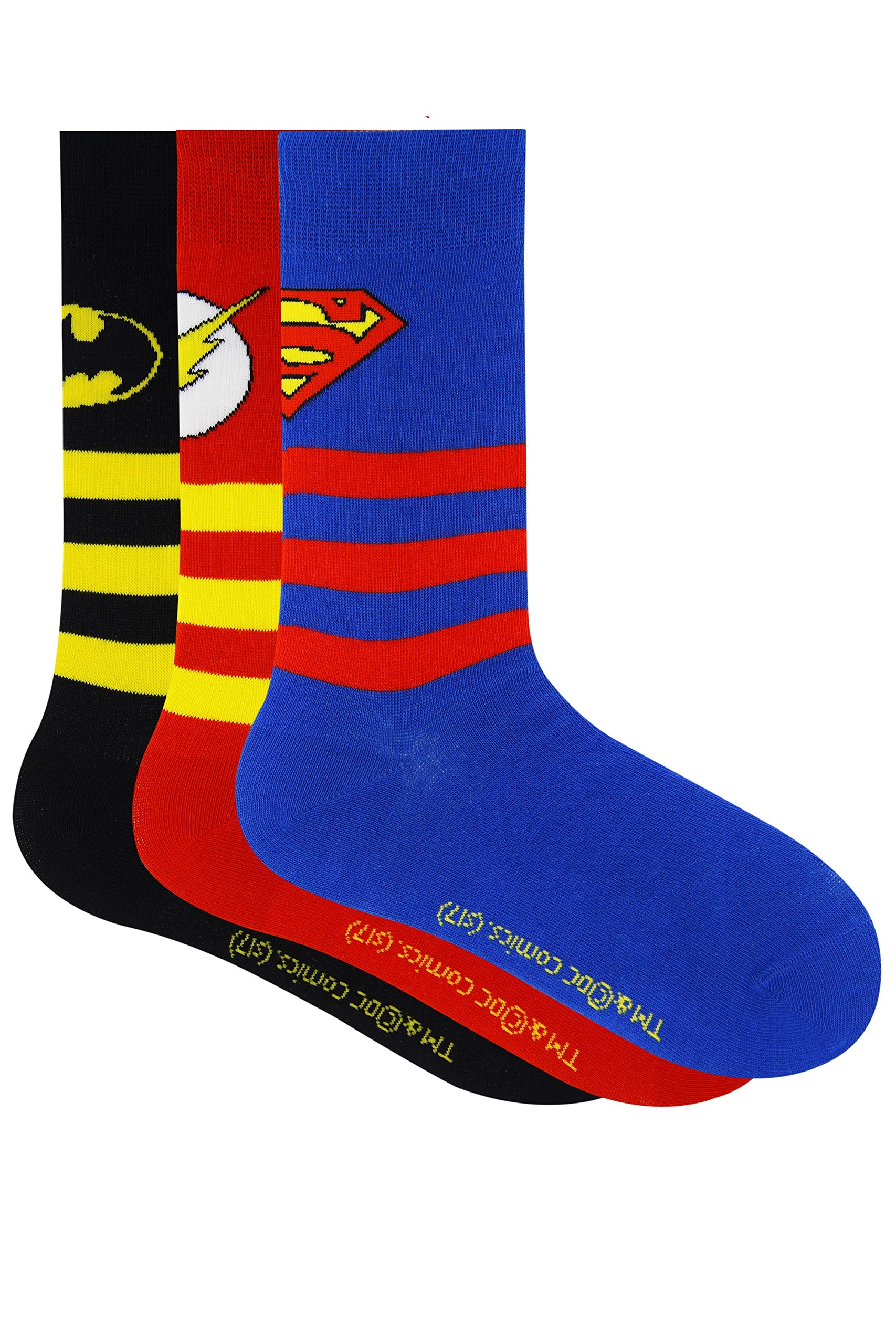 Justice League Kids Stripes with Character Logo Crew Socks - Superman, Batman, Flash -Pack of 3