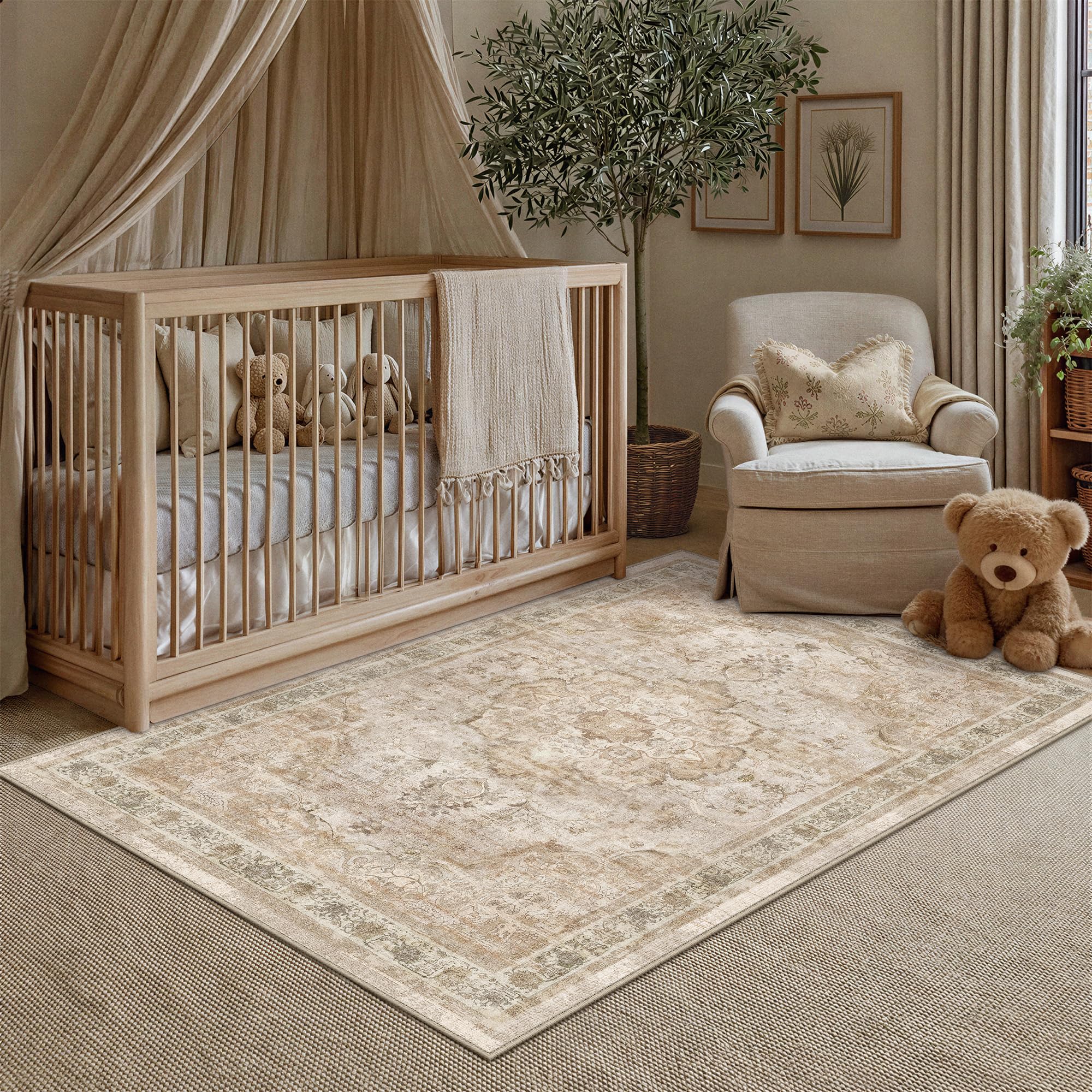 PureCozy Vintage Rugs Living Room Large Washable 140x200cm Carpet Non Slip Area Rug for Kids Bedroom Bedside Nursery Playroom Lounge Office Indoor Low Pile Carpets