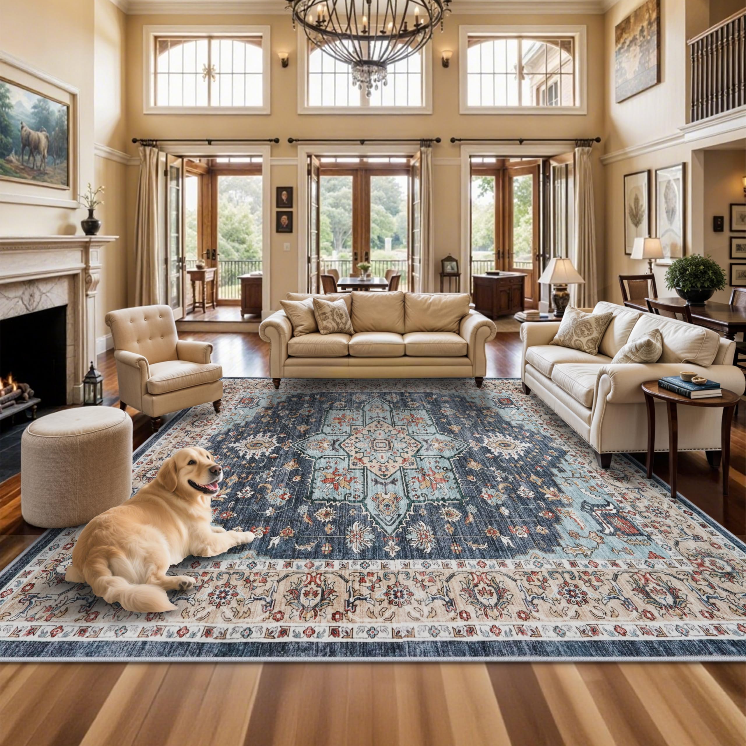 TOPRUUG Washable Oriental Area Rug - 12x12 Rugs for Living Room Soft Carpet for Bedroom Waterproof Floral Distressed Indoor Stain Resistant