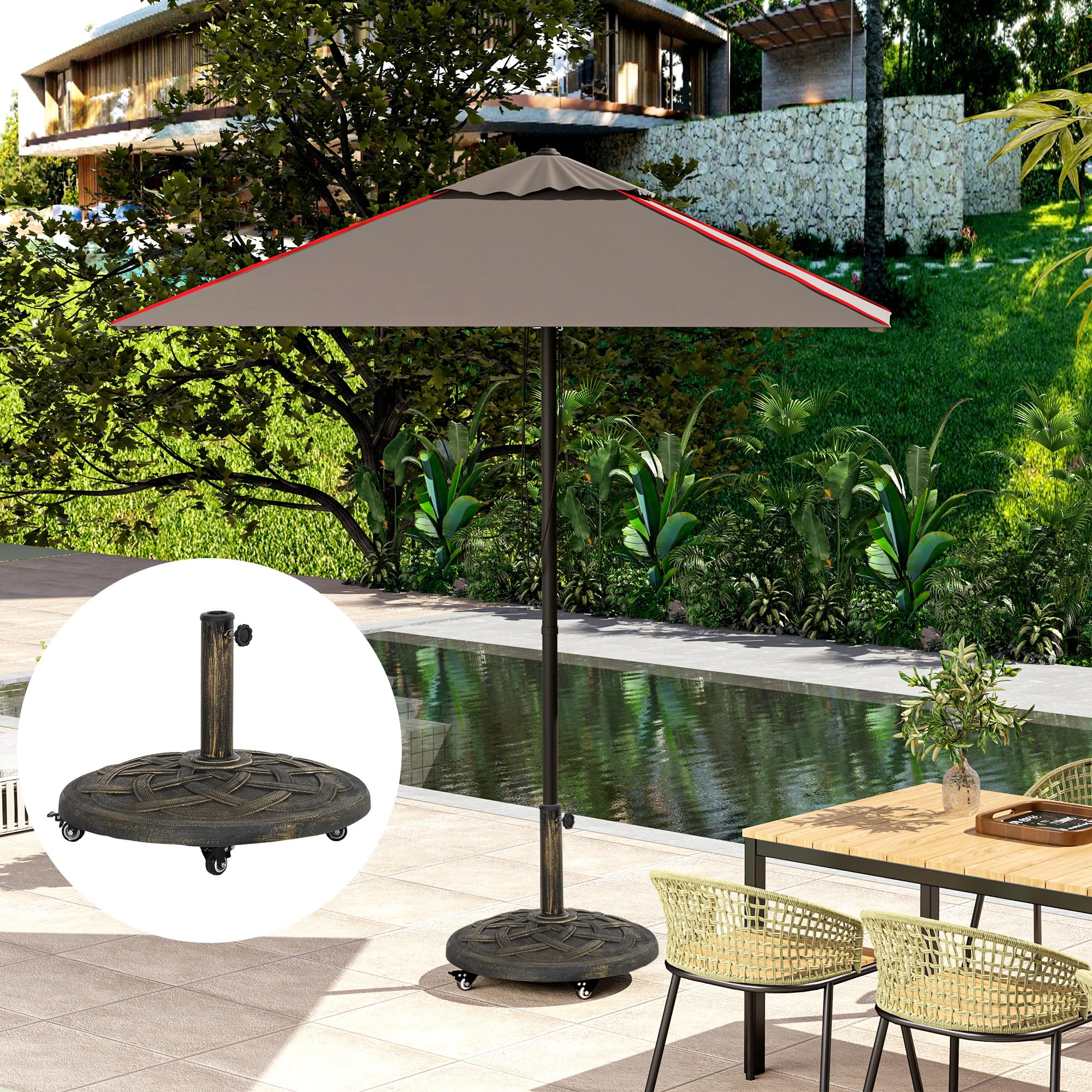 Outsunny Stojak na parasol przeciwsłoneczny z betonu, stojak na parasole z rolką, okrągły uchwyt na parasol, stojak na parasol przeciwsłoneczny o średnicy rury 34/38/48 mm, na balkon, taras, do
