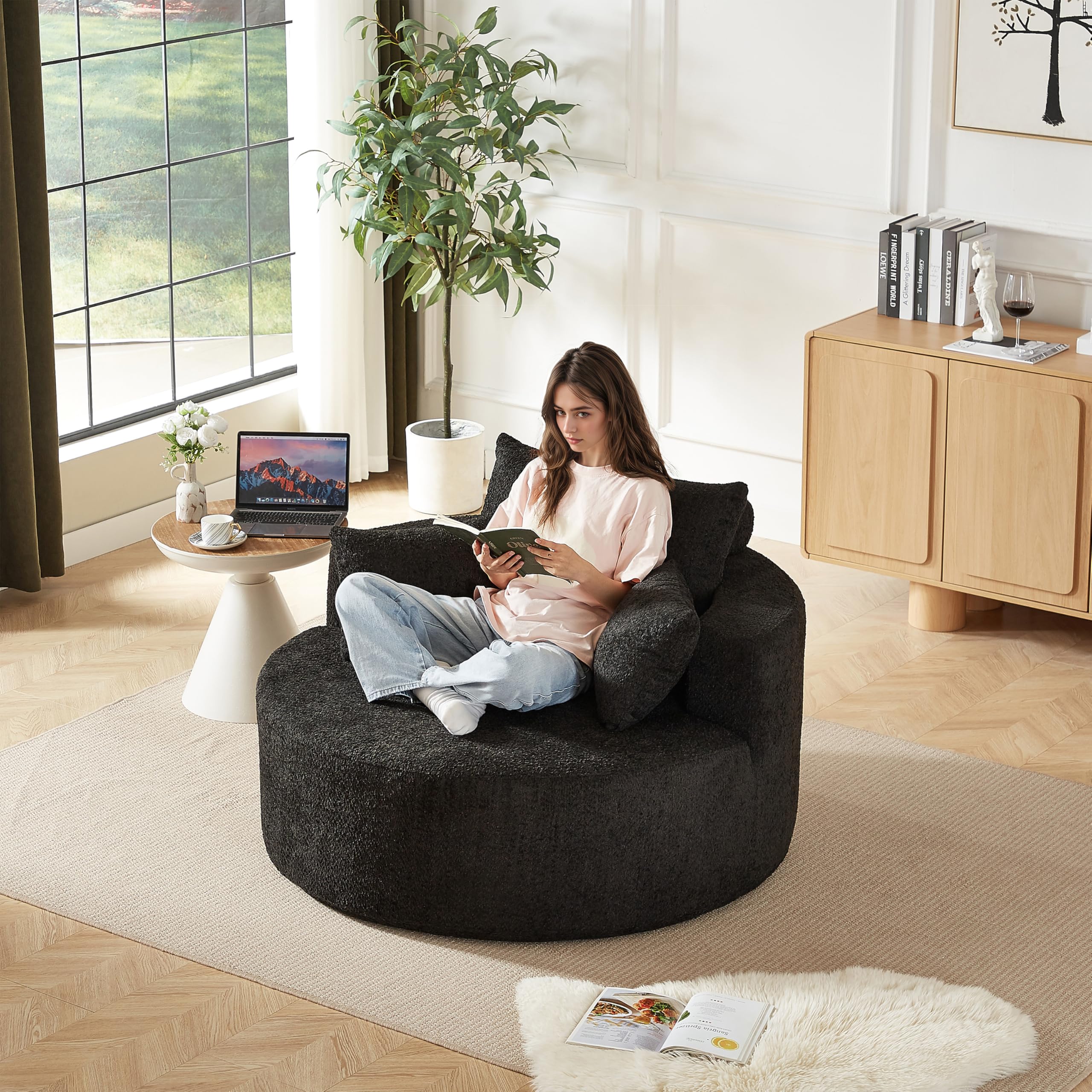 Fauteuil simple, en mousse chenille, moderne, sans montage, pour salon, chambre à coucher, salon et salle de projection (noir)