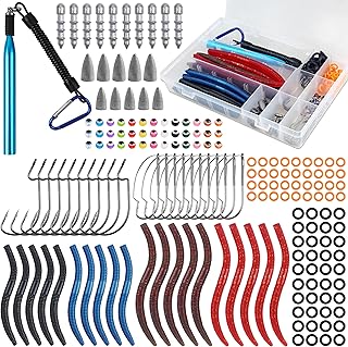 201pcs Wacky Rig Worm Fishing Lures Kit with Soft Plastics, Wacky Rig Tool Rubber Worm Baits O-Rings Bass Hooks Nail Weights Bullet Sinkers Beads for Carolina Texas Rig
