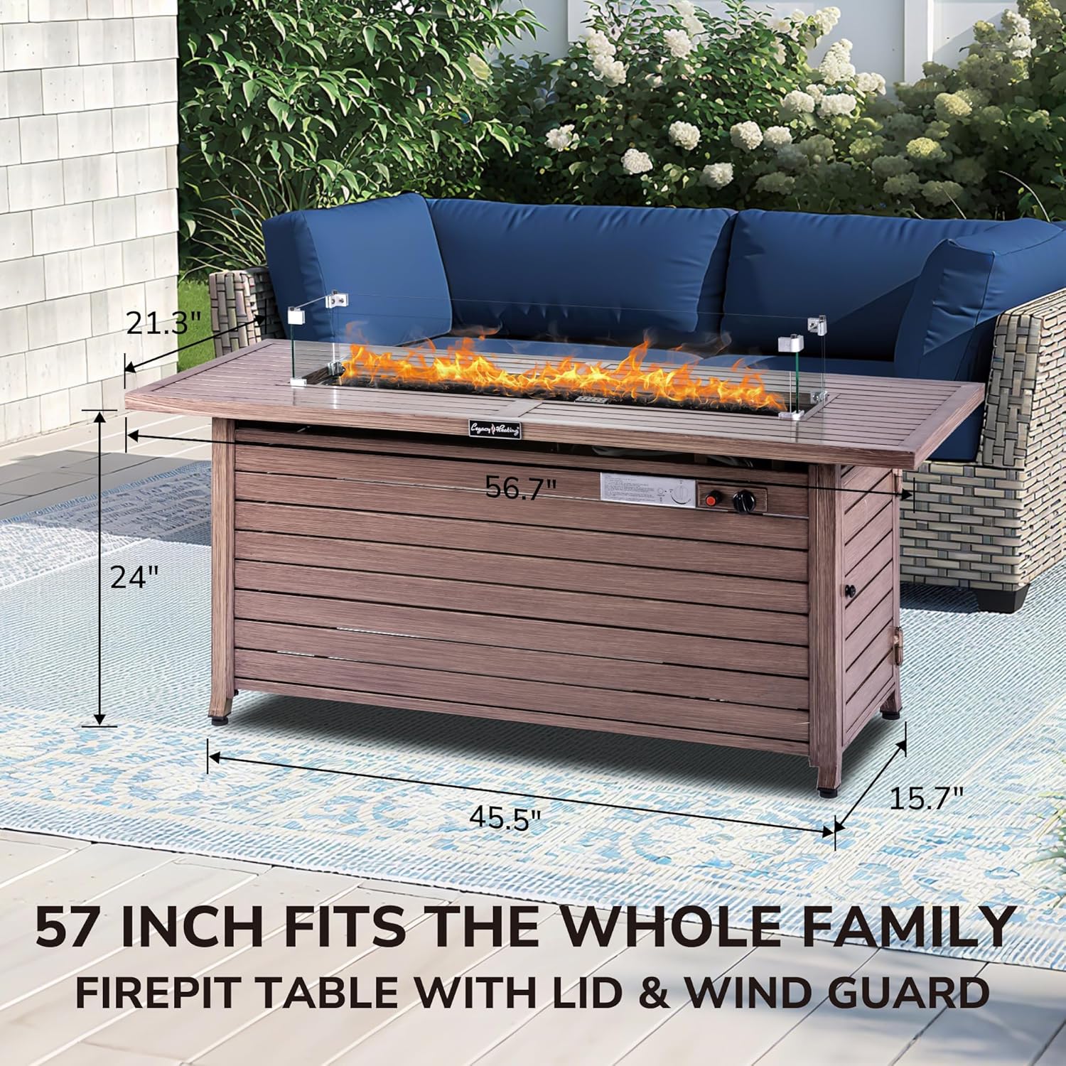 Hexago 57" 50,000 BTU Propane Fire Pit Table with Glass Wind Guard, Table Lid & Protective Cover, Nature Wood Coating, Outdoor Gas Firepit for Patio, Deck, Garden