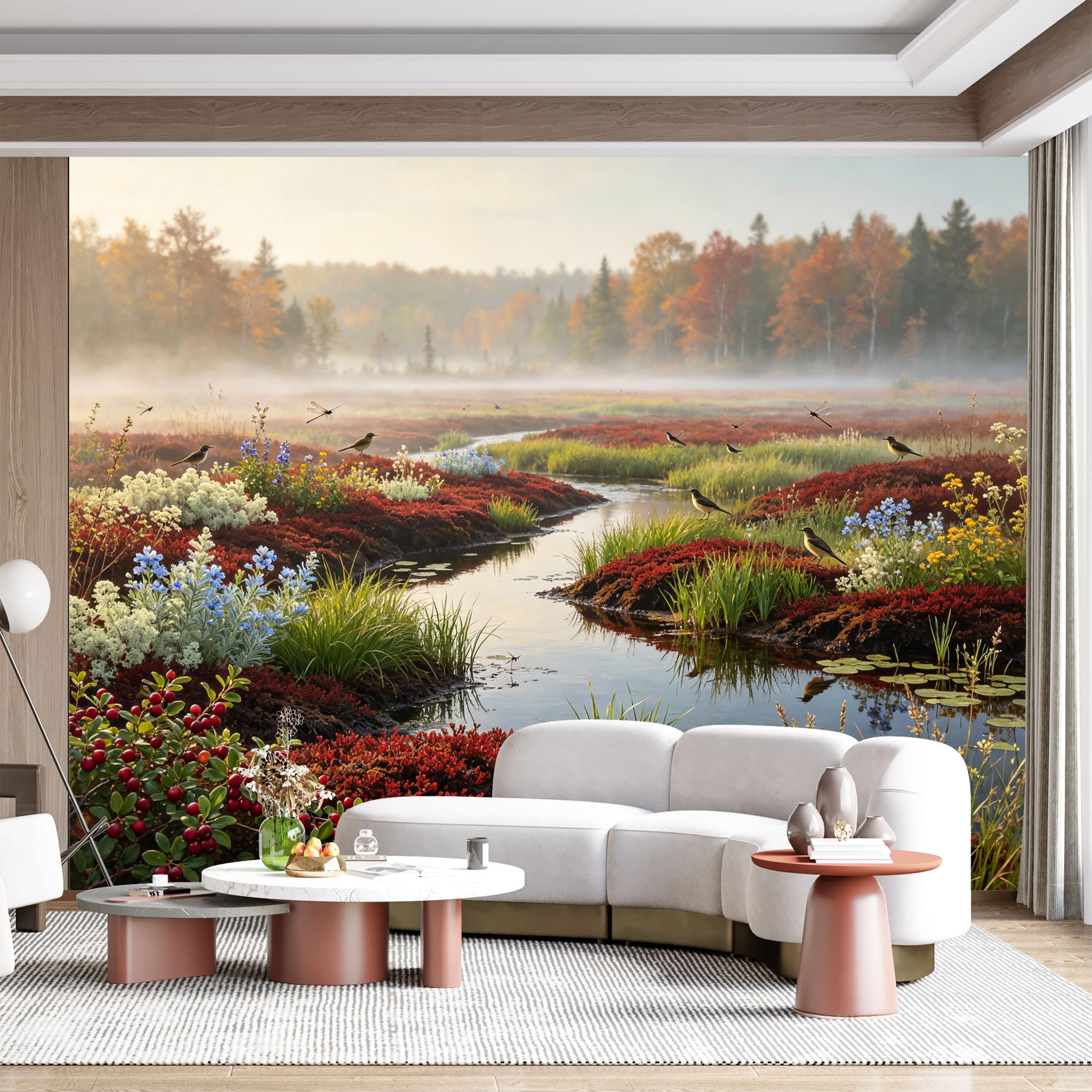 Custom Size Wall Mural Misty Autumn Landscape River Birds Dragonflies Botanical Scenic SelfAdhesive Wall Fabric Removable for Home Office Decor