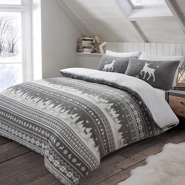 Velosso Teddy Cosy Fleece Xmas Nordic Penguins Duvet Cover Quilt Bedding Set with Pillow Case Thermal Warm Fluffy Super Soft (King, Nordic Grey)
