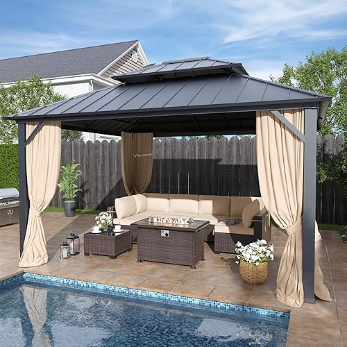 Gazebo de techo rígido de 12 x 14 pies, glorieta de techo doble de acero galvanizado para exteriores, con cortinas y malla para patios, jardines,
