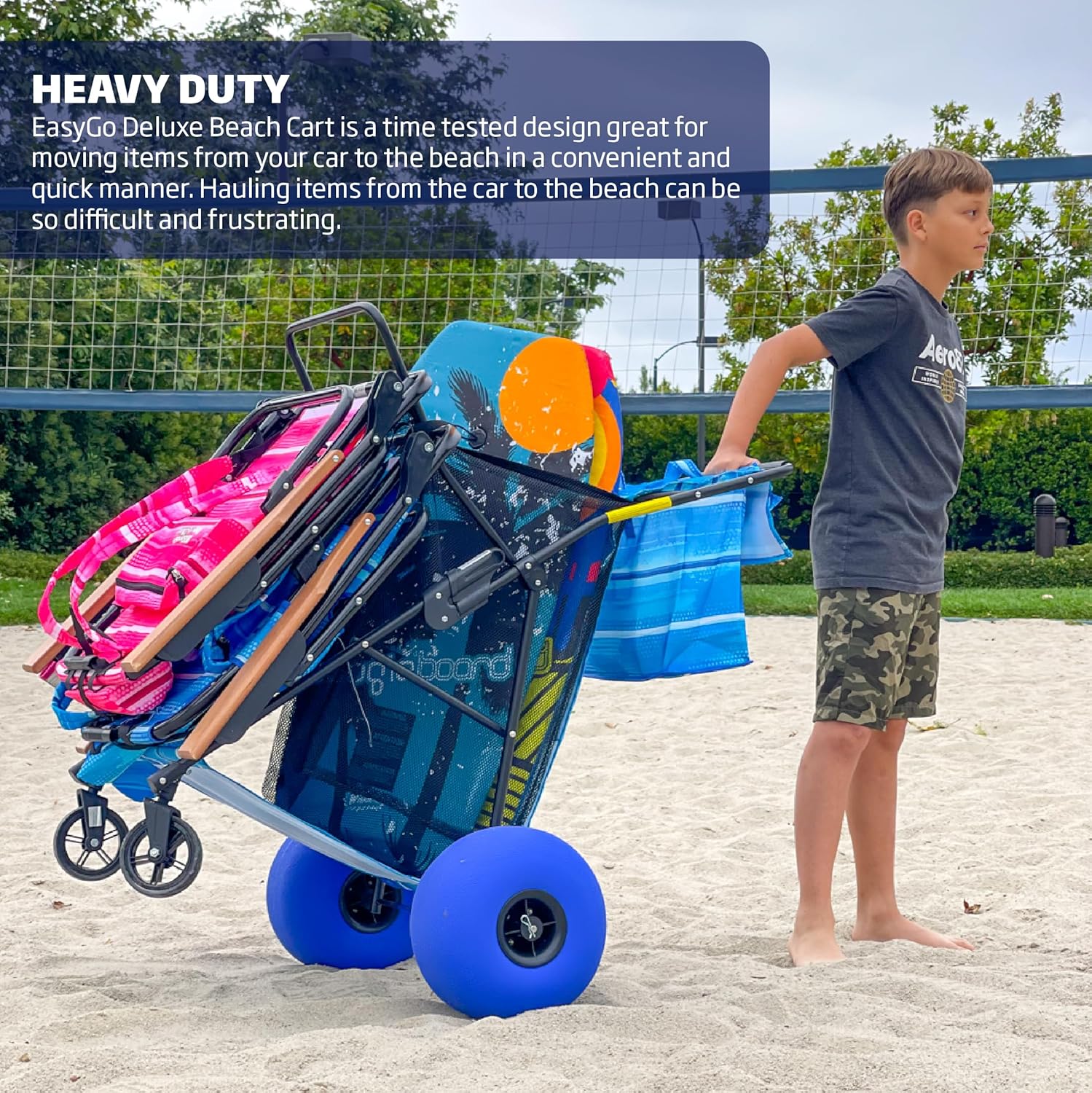 Beach Cart Balloon Wheel Deluxe Heavy Duty Folding Ocean Utility 13” x 7” Sand Wheels Holds 4 Folding Chairs Umbrella Holder Removable Beach Bag Blue Striped Pattern