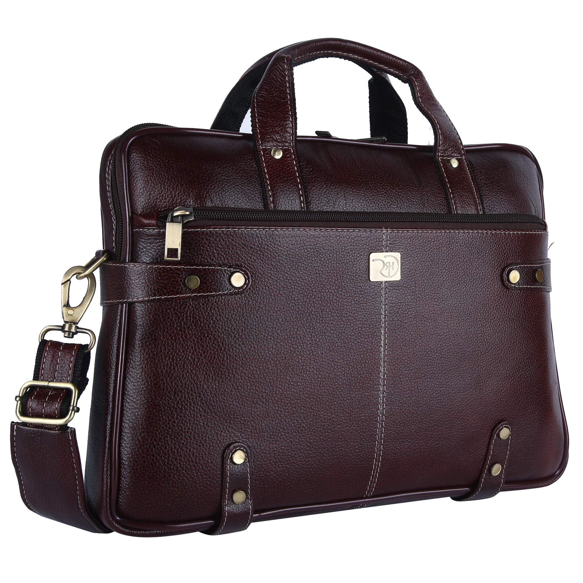 Rome Hunters Unisex Genuine Pebble Grain Leather Durable Stylish Slim Travel Messenger Laptop Office Bag (Seal Brown, 15")