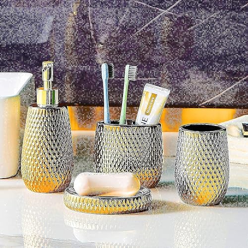 Miniatura 3 de Juego de accesorios de baño de 5 piezas, incluye basura, soporte para cepillos de dientes, vaso para cepillo de dientes, dispensador de jabón,