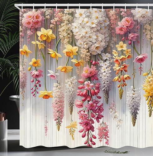 Miniatura 5 de Ambesonne - Cortina de ducha hippie, flores de aspecto de margaritas en ondas groovies abstractas estilo retro de los años 60 y 70, juego de Azul