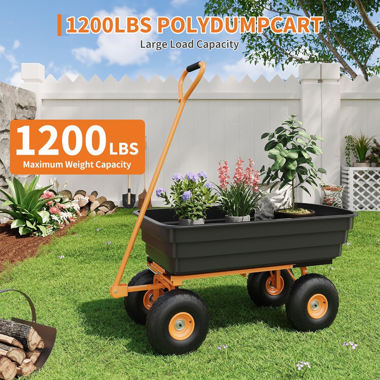 Heavy-Duty Garden Utility Wagon, 1200LB Capacity with 180° Adjustable Handle & Quick-Release System, All-Terrain Tires for Transporting Soil/Plants/Tools, Poly Dump Cart Ideal for Yard and Farm Use