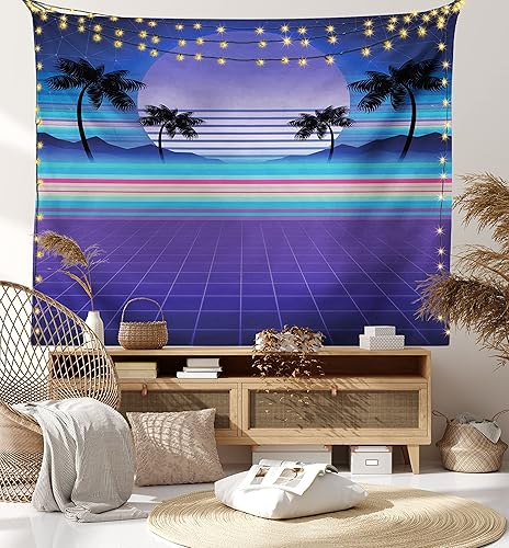 Miniatura 8 de Ambesonne Synthwave - Tapiz con diseño retrowave de rayas coloridas y palmeras galácticas de luna, colgante de pared ancho para dormitorio, sala de