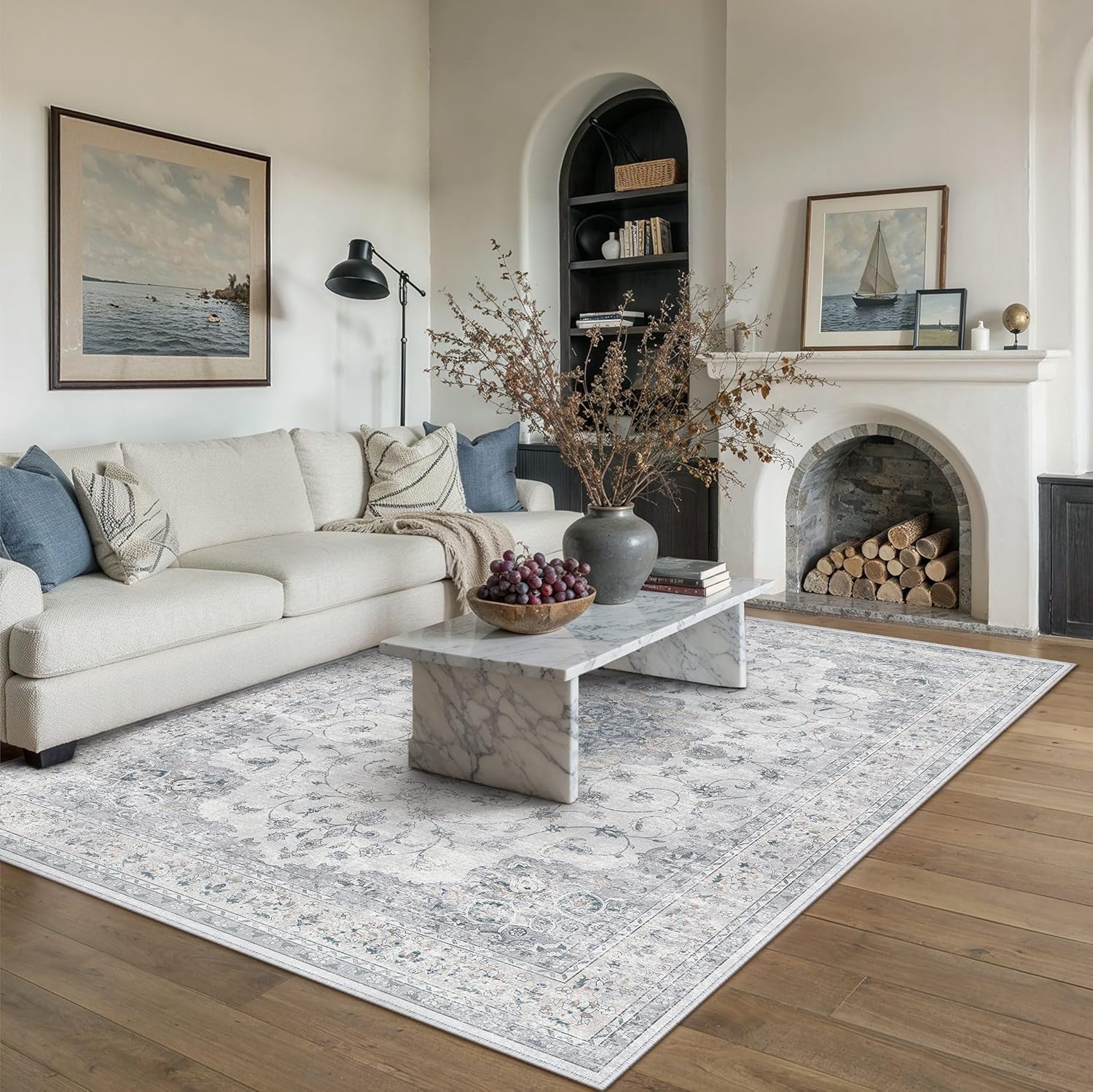 HUGEAR Area Rugs 6x9 Machine Washable Vintage Blue Living Room Bedroom Rug Throw Carpet Non Slip Stain Resistant Low Pile for Home Retro Aesthetic Modern Decor