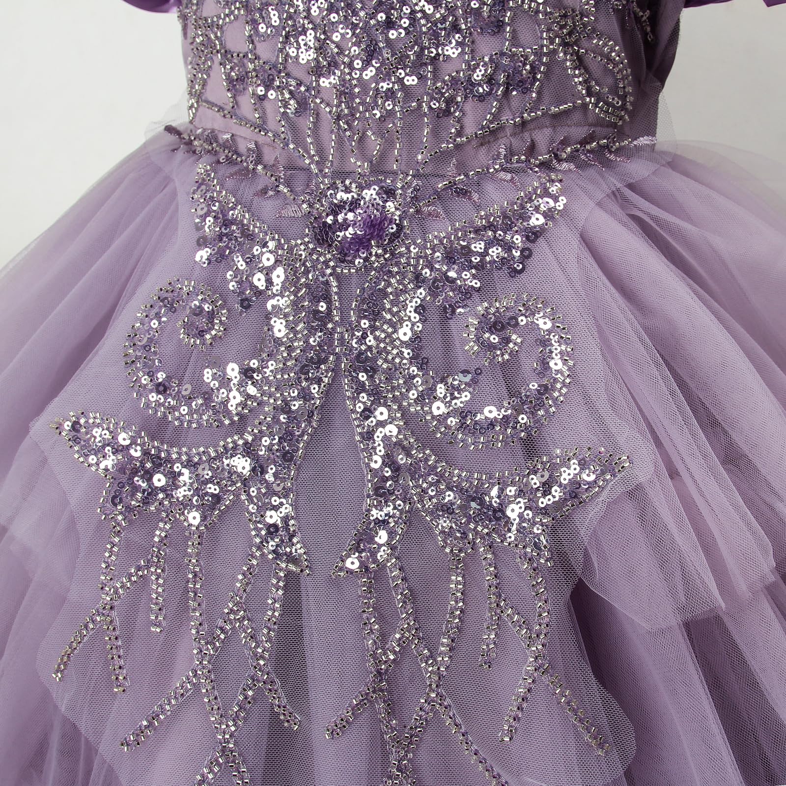Discoball Mädchen Kuchen Stil Lange Kleid Unregelmäßige Puffärmel Puffy Prinzessin Kleid für Party Hochzeit Taufe Geburtstag Festzug, violett, 6-7 Jahre