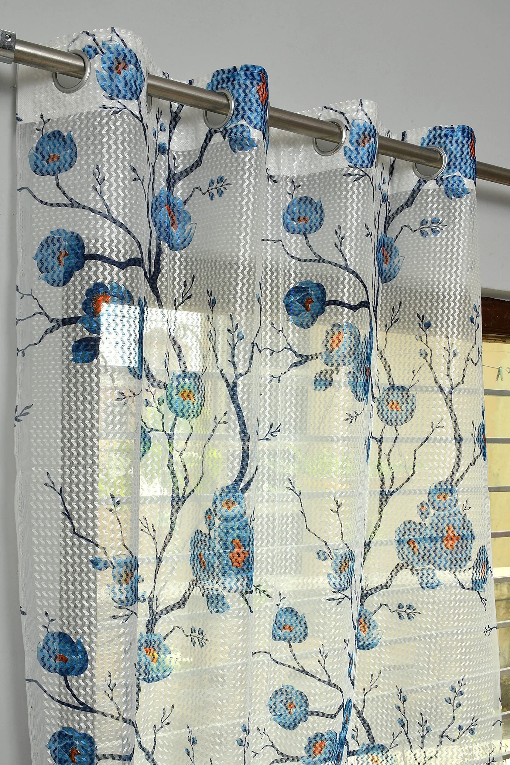 Kiara Creations 1 Piece Polyester Rose Design Printed Sheer Transparent Zigzag Tissue Grommet Curtains for Window 5 Feet, Aqua-image-40