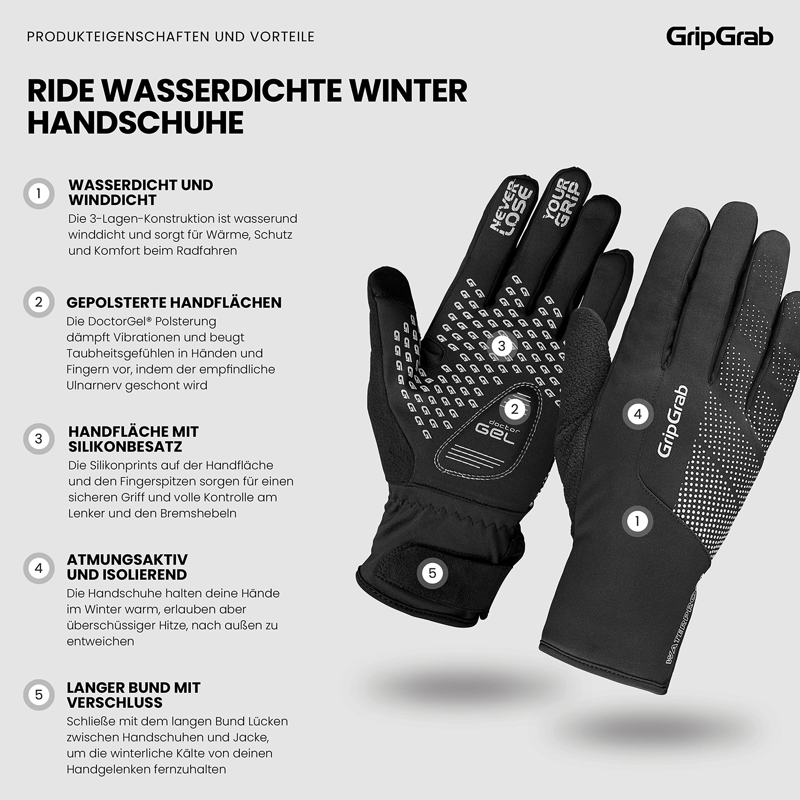 GripGrab Ride Wasserdicht Winter Fahrradhandschuhe Warm Winddicht Thermo | Gefütterte Radhandschuhe mit Fleece Liner, 4 mm DoctorGel Polsterung und praktischem Klettverschluss Bündchen am Handgelenk