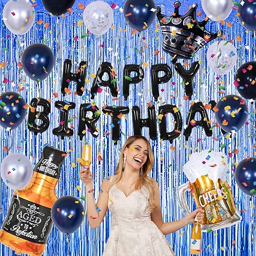 Miniatura 5 de Decoraciones de fiesta negras y azules, decoraciones de feliz cumpleaños para hombres y mujeres, decoración de fiesta negra con cortinas de flecos