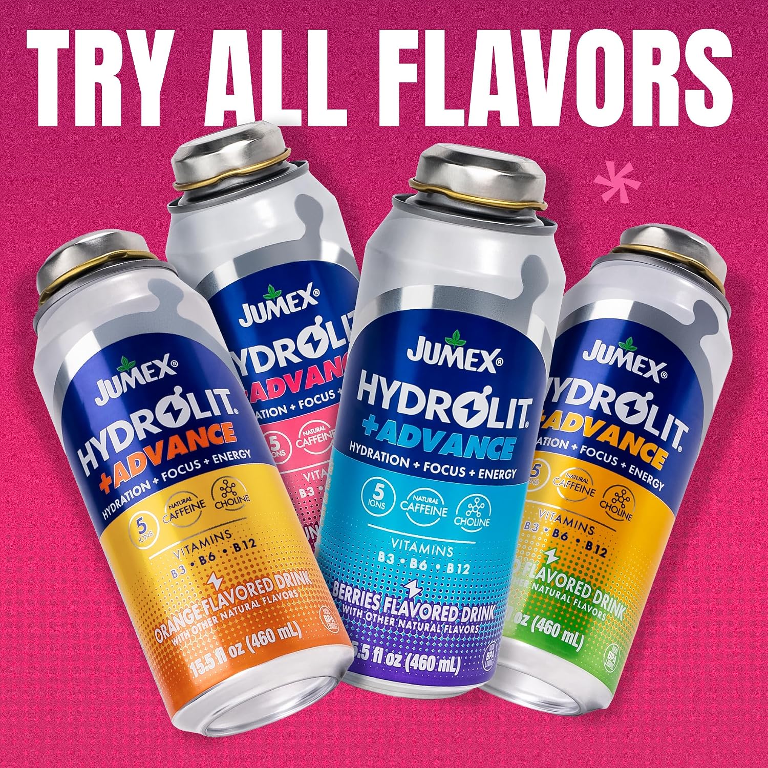 Jumex Hydrolit +Advance Hydration Energy Drinks - 90 Calorie Fruit Punch Sports Drinks - Non Carbonated Electrolyte & Vitamin Water with Ions, Choline, B3, B6, B12 & Natural Caffeine - 15.5oz, 12 Pack