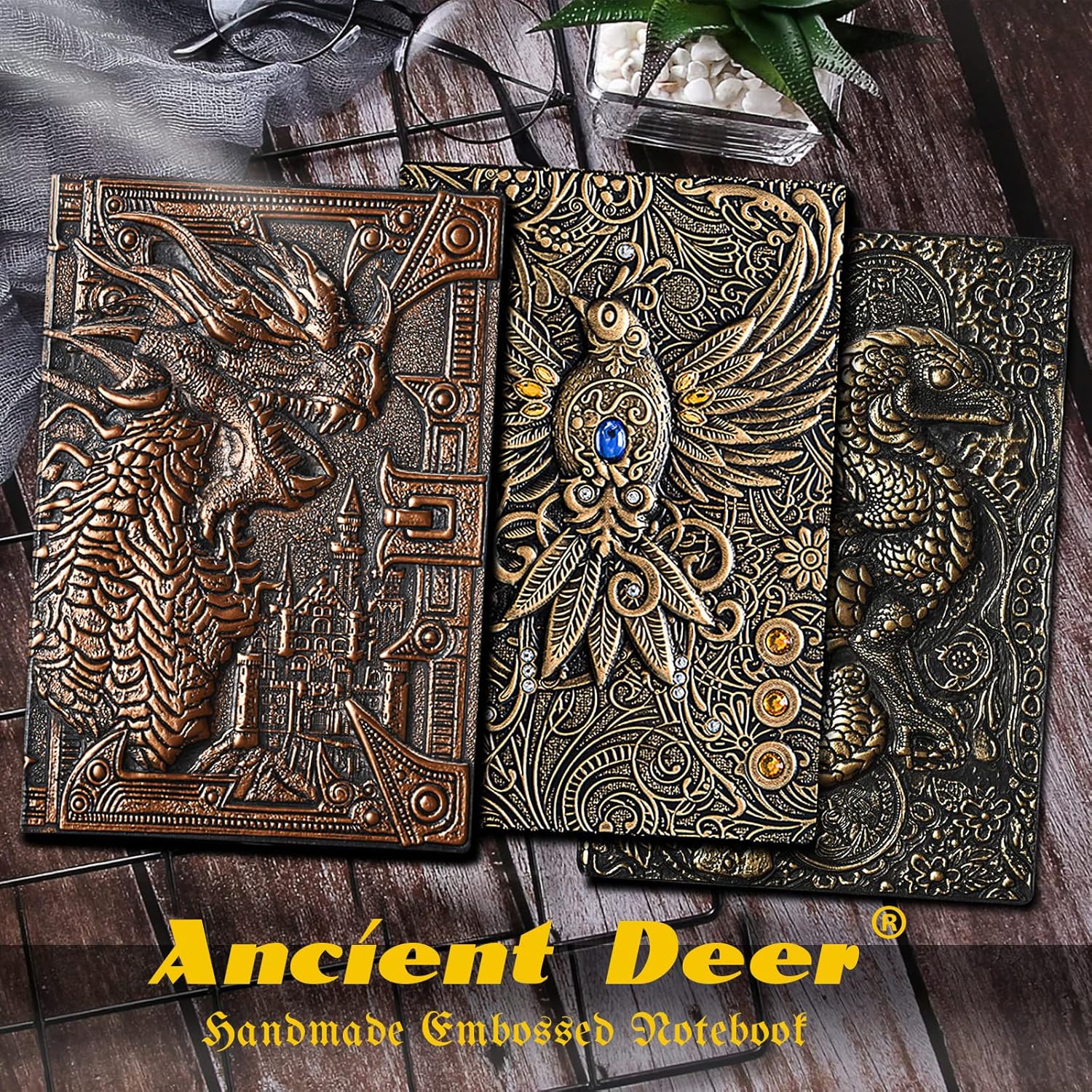 Ancient Deer DND Notebook Refillable binder,3D Vintage Leather Journal Writing with Bookmark Set, for dungeons and dragons D&D accessories books Great DM GM&Player gifts(Brone Dragon)