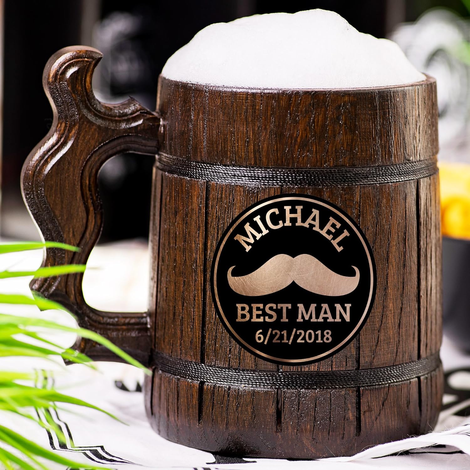 Mustache Beer Mug, Personalized Stein, Wooden Tankard