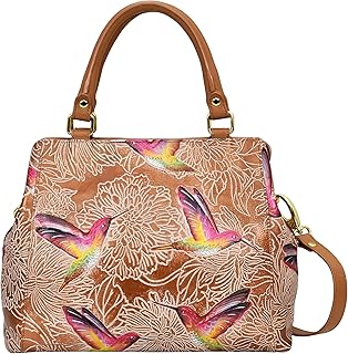Anuschka Women’s Hand-Painted Genuine Leather Multi Compartment Satchel - Tooled Birds Tan