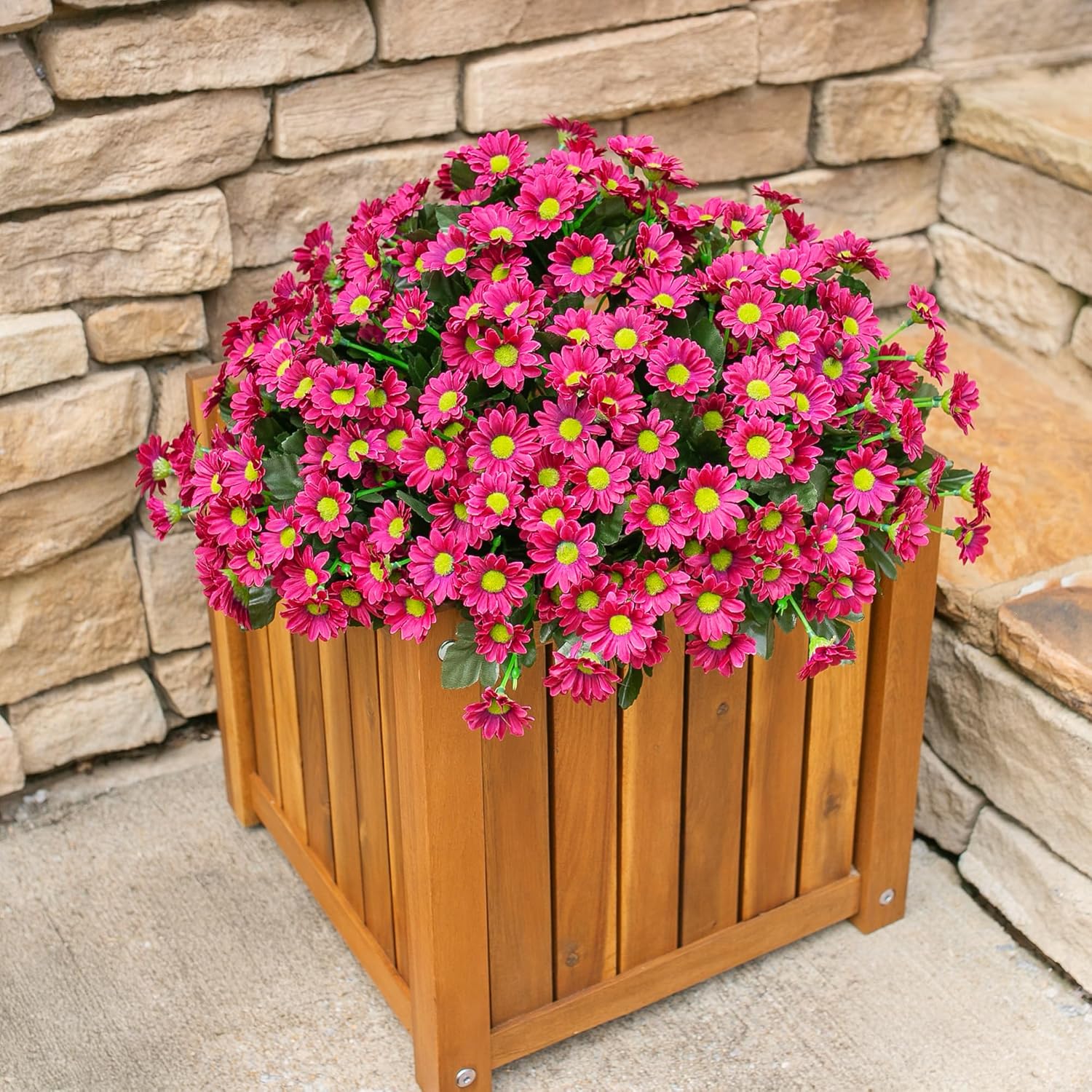 Daisy Artificial Flowers for Outdoors Decoration, 6 Bundles Fake Plants Flowers Bouquet Faux Flowers for Outdoor Planter Look Real UV Resistant Silk Flowers for Outside Garden Porch Patio, Dark Red