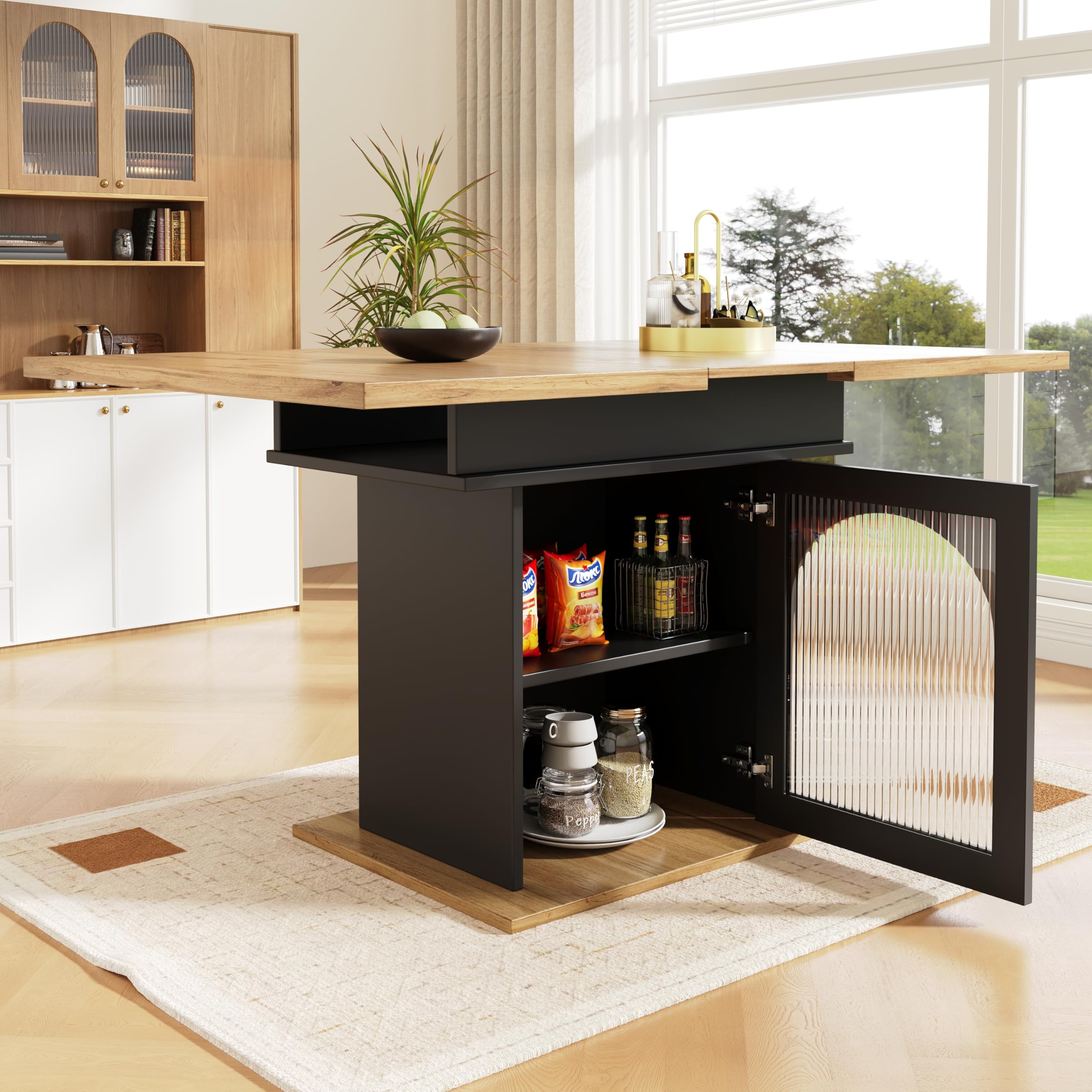 Table extensible 140 cm au design moderne naturel et noir avec rangements