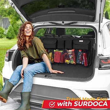 SURDOCA Car Boot Organiser 3rd Gen [7 times Upgrade] Super Capacity Car Organiser, Equipped With [Robust Elastic Net & 4 Magic Stick] Tidy Storage Bag, Space Saving Exper,Black