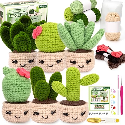 Karspor Crochet Beginner Kit, Beginner Crochet Starter Kit for Adult | Crochets Set 6 PCS Crocheting Succulents, Step-by-Step Instructions & Video Tutorials, Learn to Knitting Kits for Beginner