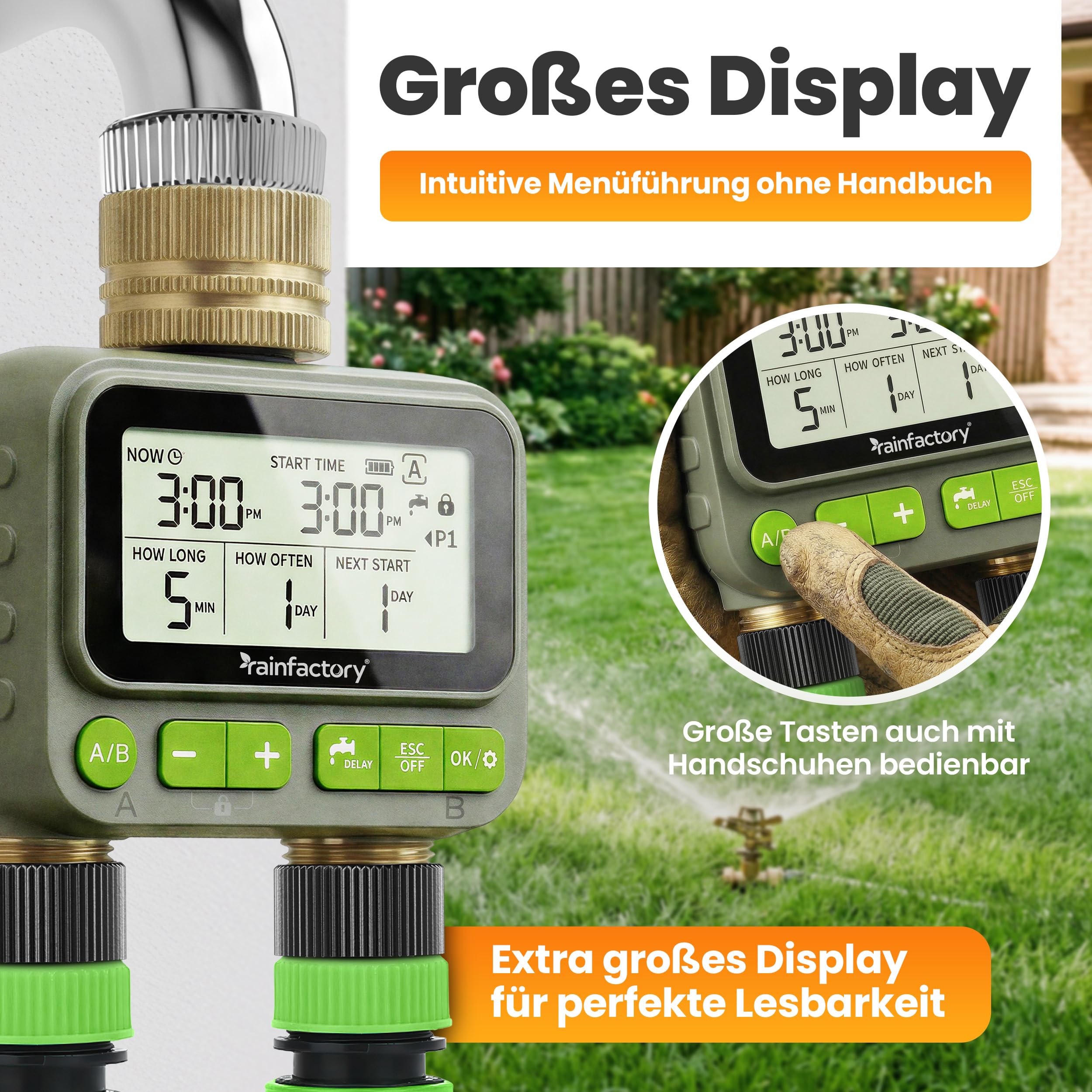 rainfactory Bewässerungscomputer 2 Ausgänge mit Fernbedienung - automatische Bewässerungssteuerung für Garten - Bewässerungsuhr mit 4 Programmen, Delay - Wasser Zeitschaltuhr IP65, 3/4 Zoll Rasen Beet