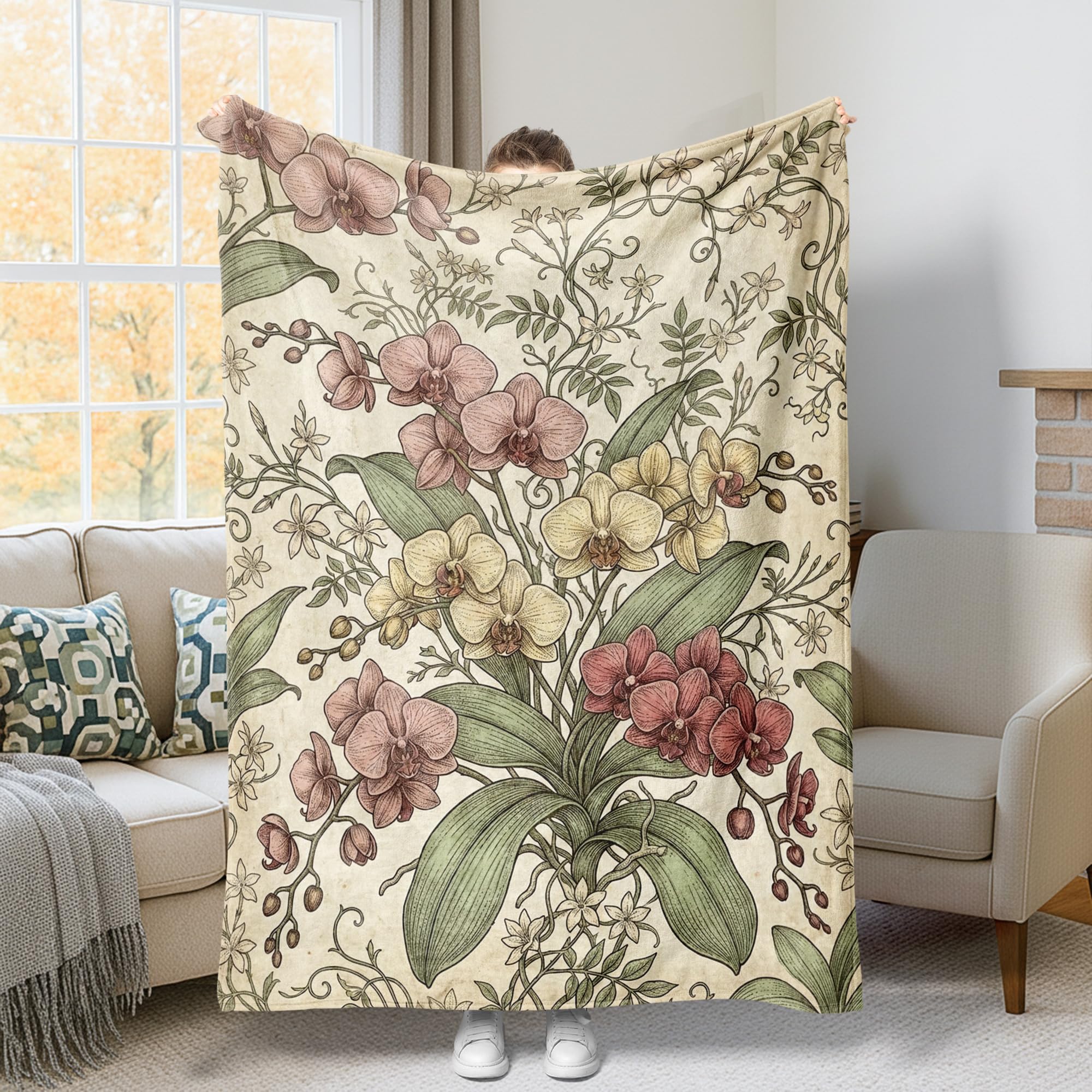 Couverture orchidée vintage botanique fleurie en peluche 152x203 cm