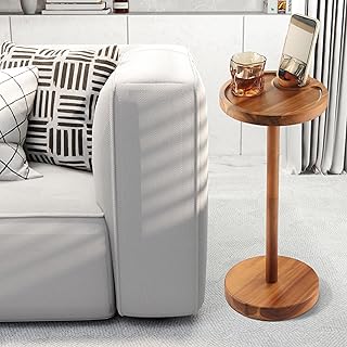 Pedestal Side Table, Acacia Drink Table with Weighted Base, Small Round Side Table for Small Spaces with 360 Rotating Phone Holder, Martini & Cocktail Pedestal End Table for Living Room, Home Office