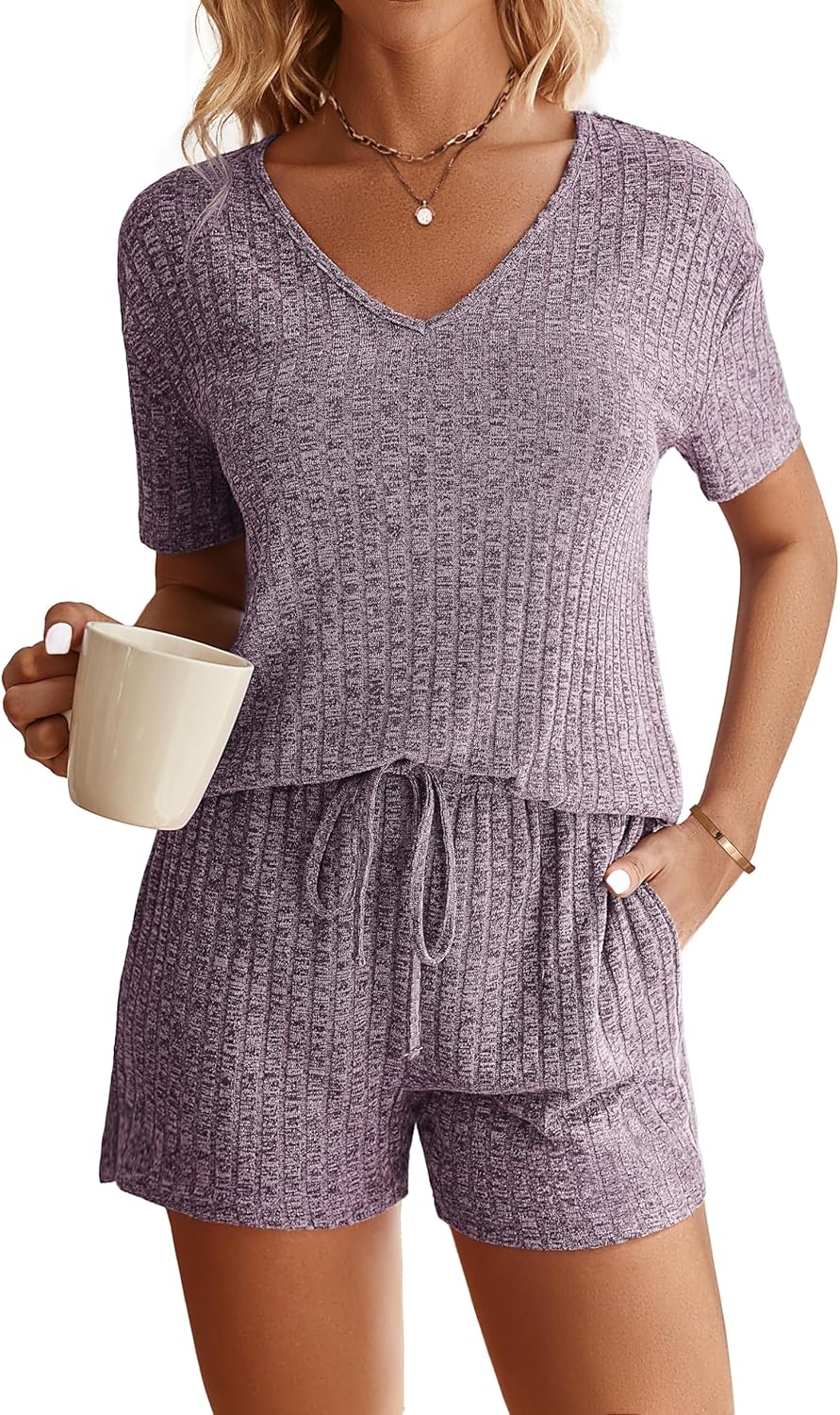 Ekouaer Womens 2 Piece Lounge Sets Summer Two Piece Outfits Ribbed Knit V Neck Short Sleeve Tee and Pockets Shorts Sets