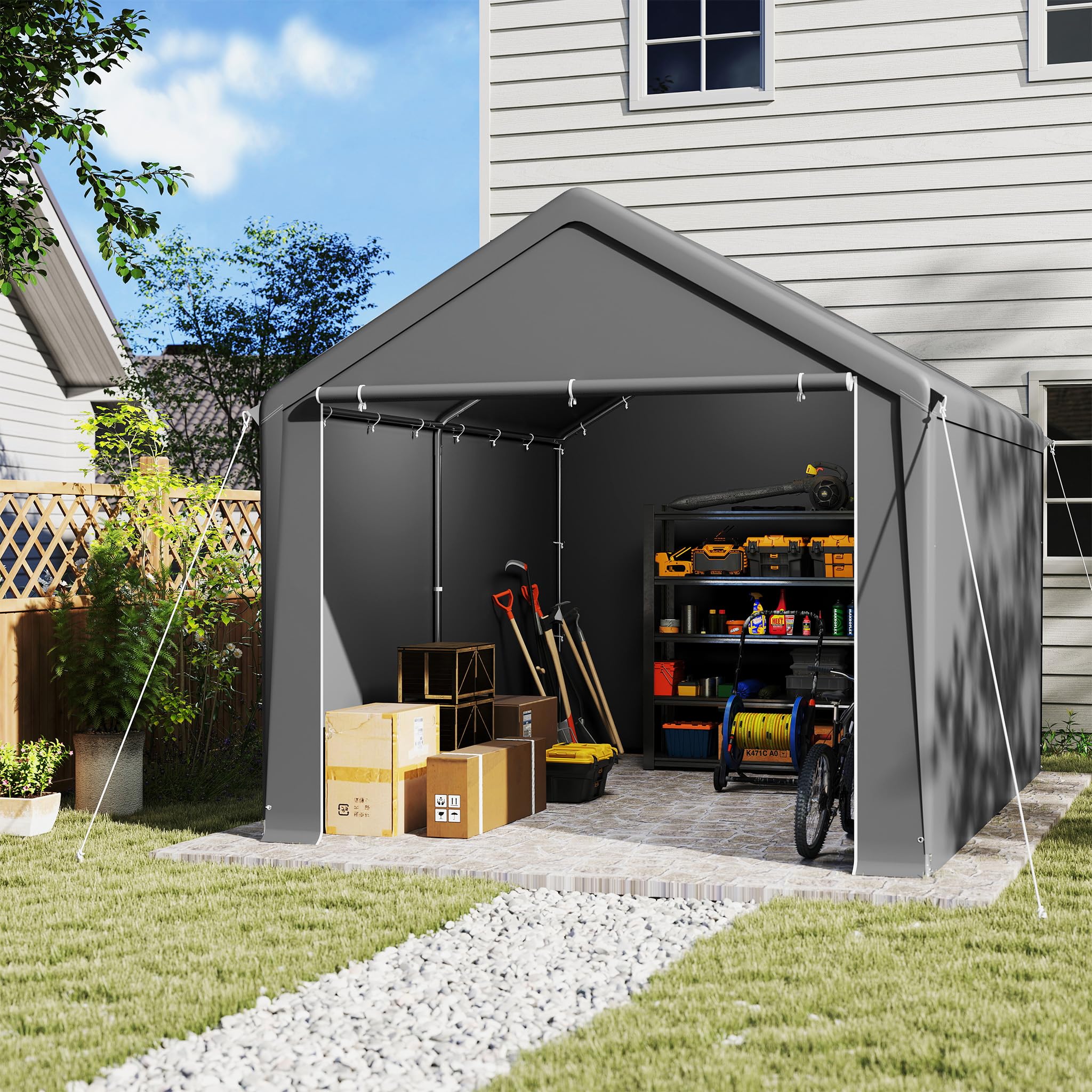 UISEBRT Tienda de almacén, 3 x 4 m, impermeable, con robusto toldo de PE y estructura de acero, ideal como garaje para herramientas, herramientas de jardín, paletas (gris)