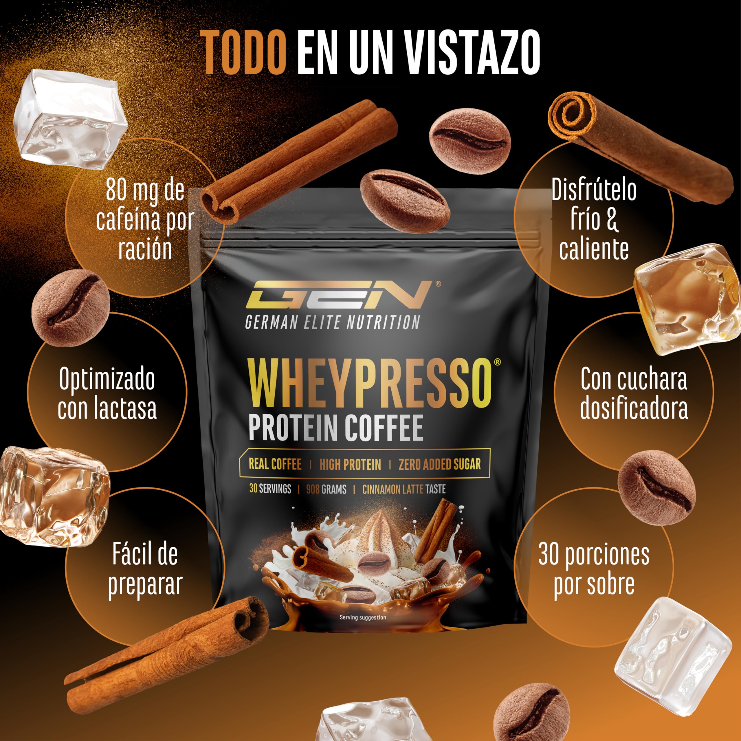 Wheypresso Protein Coffee - Proteína en polvo con concentrado y aislado de suero de leche - Con auténtico café y cafeína - Bebida cremosa rica en proteínas - (908 g, Café Latte con Canela)