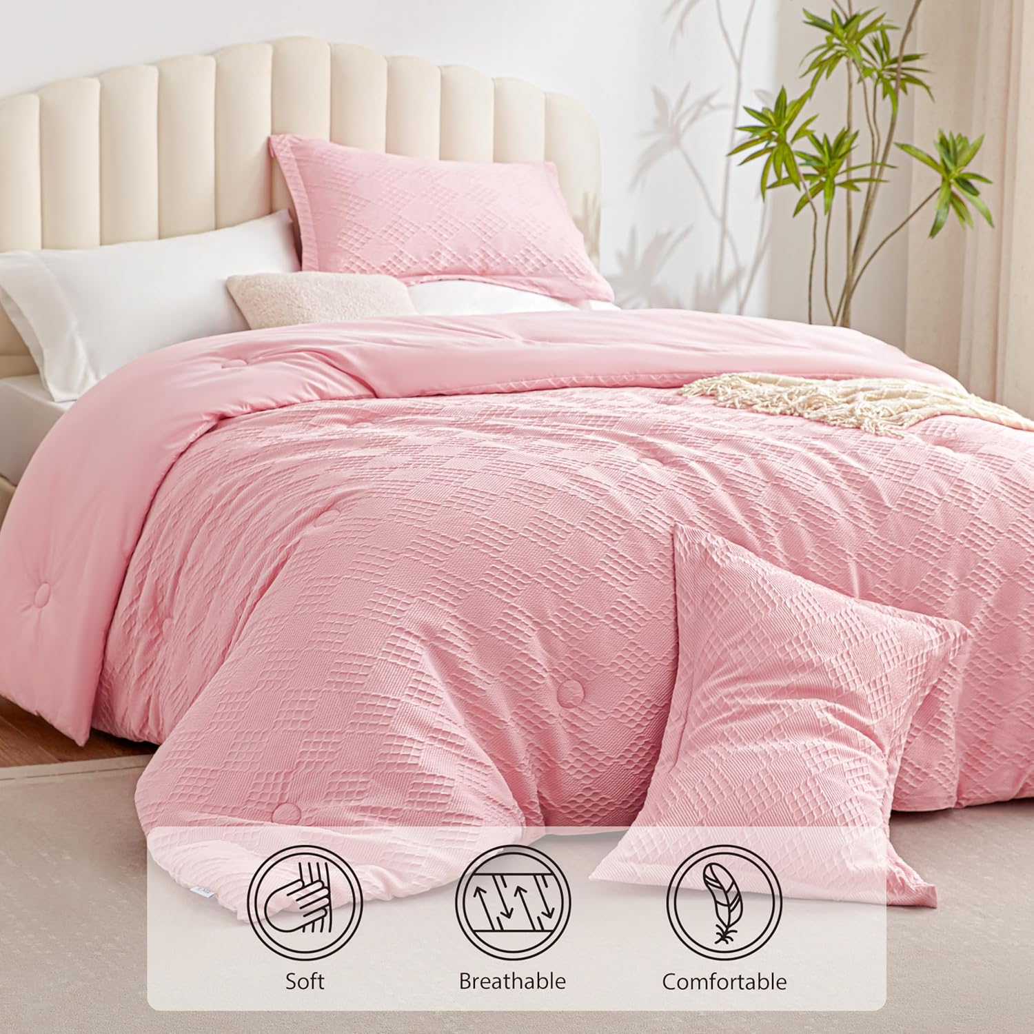EXQ Home Waffle Comforter Queen Size - Super Soft Embossed Design Comforter Set 3 Pieces, Pink 3D Diamond Pattern Bedding Set,Winter Warm Bed Set,1 Comforter with 2 Pillowcases - Image 2