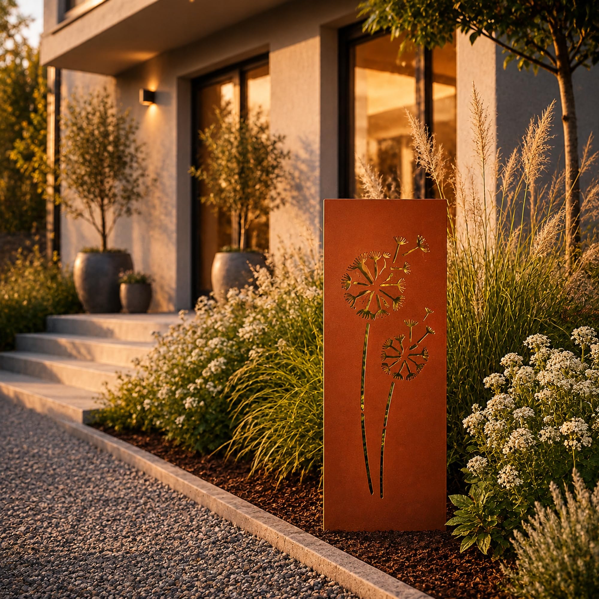 UNUS Piquets de jardin pissenlits, panneau de jardin en métal aspect rouille, résistant aux intempéries, décoratif pour jardin, parterre et balcon