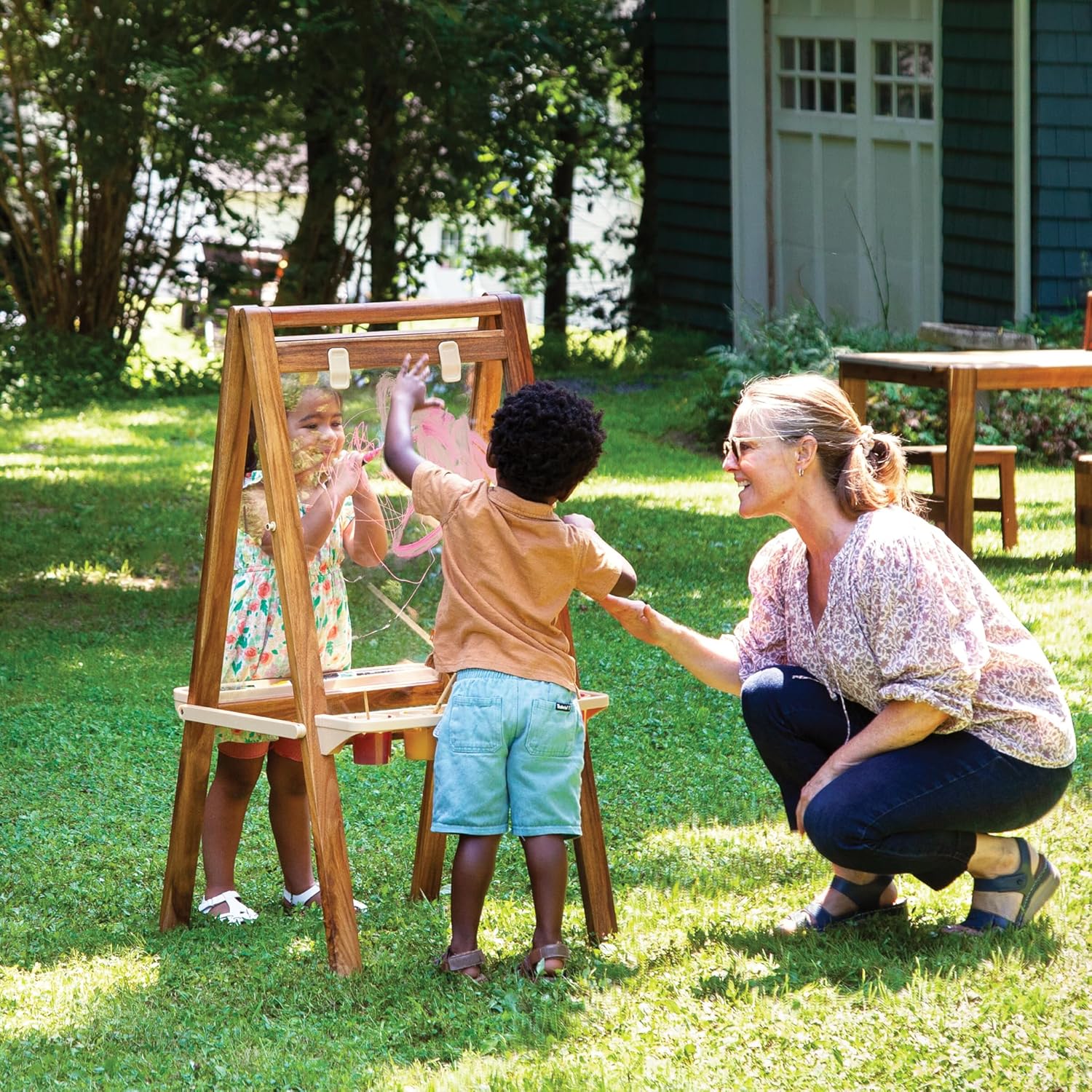 Guidecraft Acadia Indoor/Outdoor Art Easel for Kids: Acacia Wood Double-Sided Foldable See-Thru Easel | Easy to Clean Art Station w/ 5 Paint Cups, Paper Clips, Clear Dry-Erase Board, Marker Tray