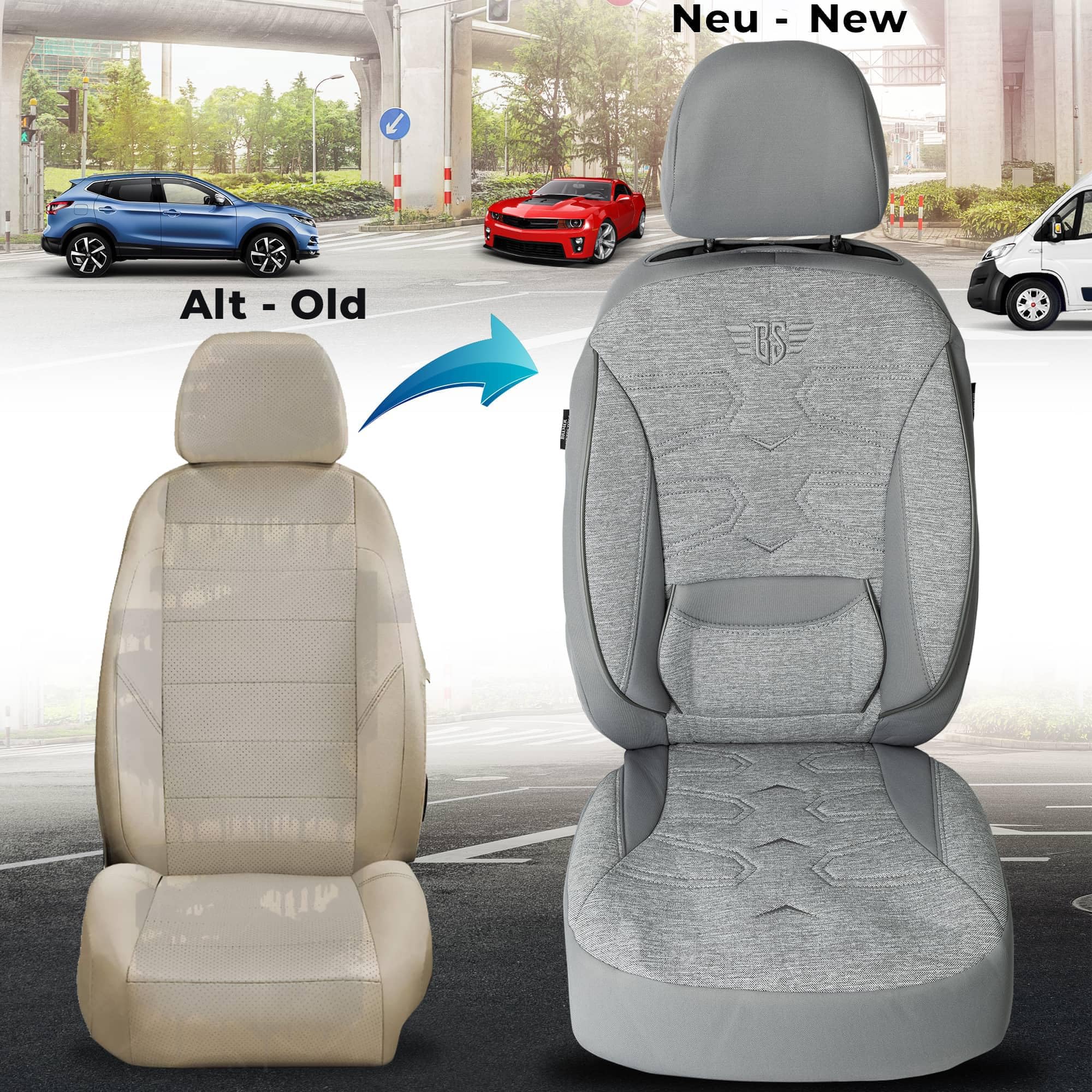 Autositzbezüge Universal für PKW, SUV – Premium Vordersitzbezüge Grau, hochwertig verarbeitet für mehr Sitzkomfort, Airbag-kompatibel, Schonbezüge für Fahrer & Beifahrersitz mit Rückentasche