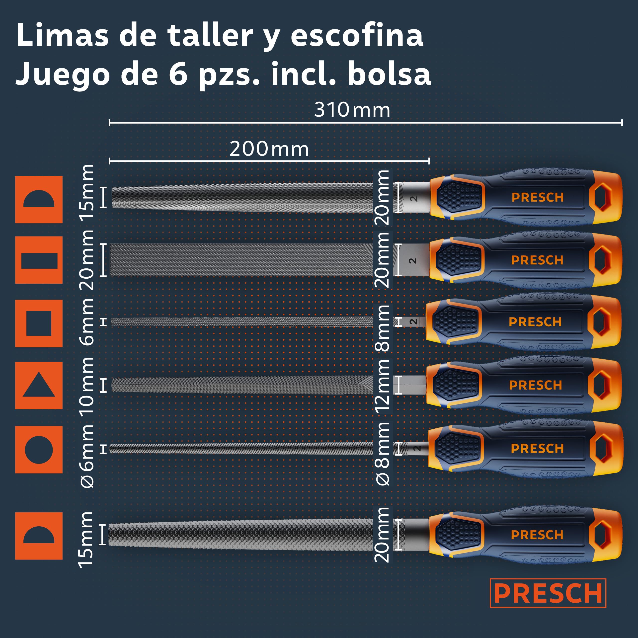 Presch Juego de limas para metal y madera 6 piezas con bolsa - Juego de limas incl. escofina de media caña, lima plana de muñón, lima de media caña, lima redonda, lima triangular y lima cuadrada