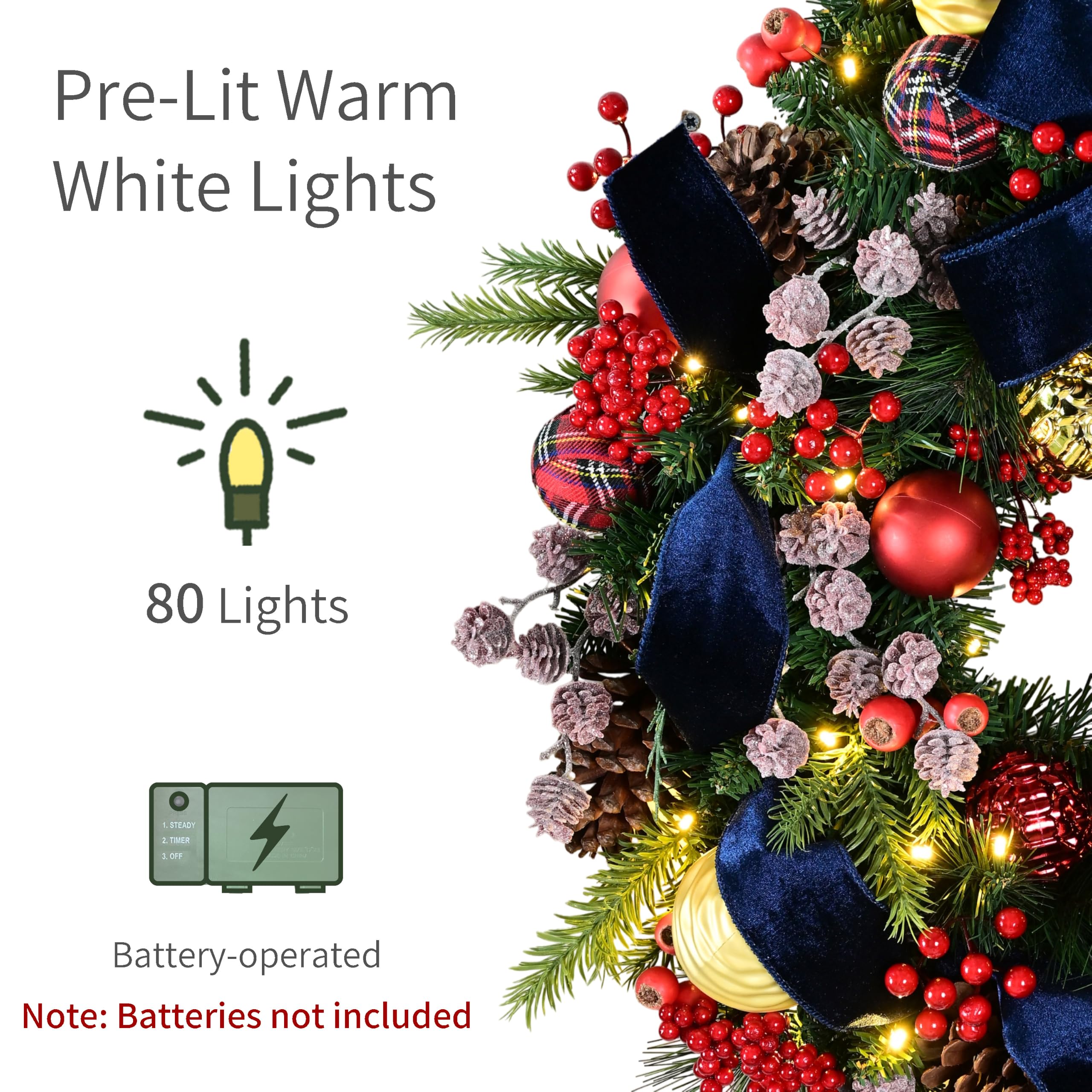 Puleo International Couronne de Noël Artificielle pré-éclairée 66 cm