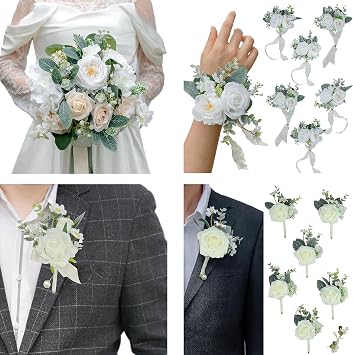 White Wedding Flower Package, 10 Inch Artificial Flowers Bridal Bouquet, Groom Boutonniere & Boutonnieres, Wrist Corsage, Silk, Romantic Elegant, 7 Count