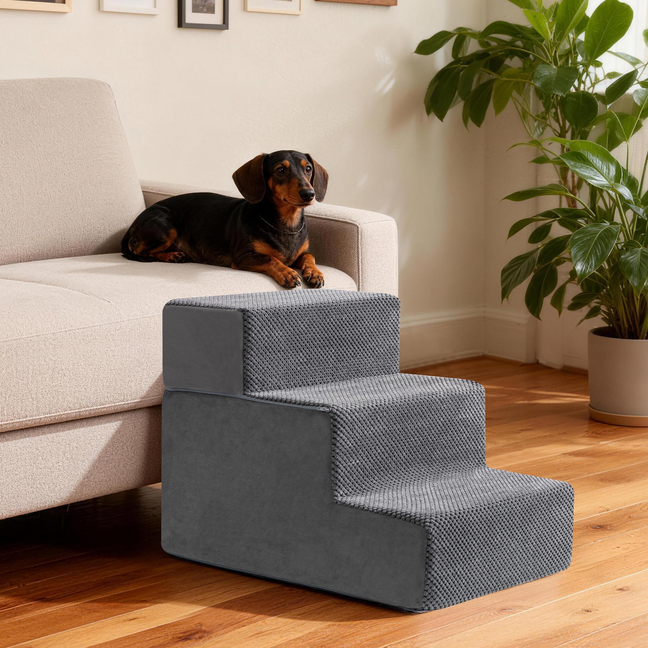 Escalera para Perros y Rampa para Cama Alta y Sofá, 33-61 cm Escaleras Desmontables para Perros Pequeños y Medianos, Espuma 40D Robusta, Antideslizante, Funda Lavable con Rodillo Quita Pelusas, Gris